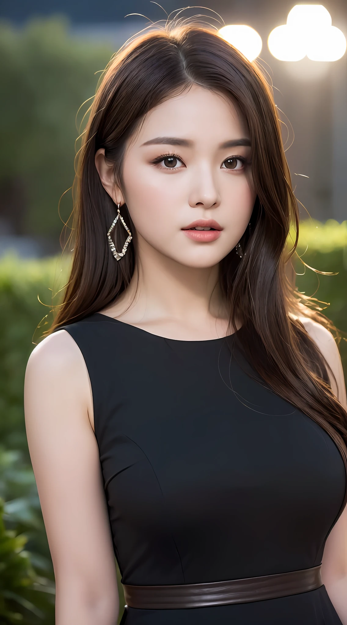 ((Realistic lighting, Best quality, 8K, Masterpiece: 1.3)), Focus: 1.2, 1girl, Slightly chubby beauty: 1.9, ((dark brown hair)), (Black dress: 1.9) (Big breasts do not leak), (Outdoor, night: 1.9), Park, Super fine face, Fine eyes, Double eyelids,