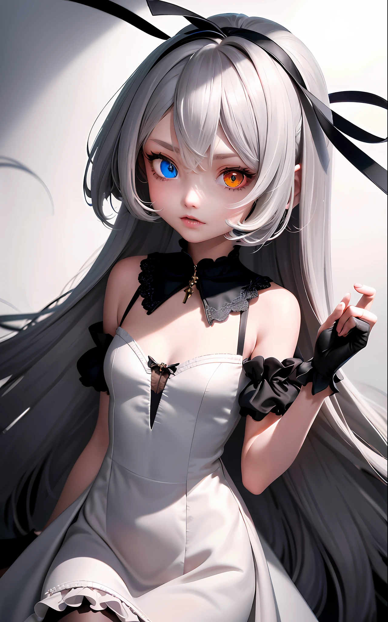 Superb Piece, High Resolution, Best Quality, UHD, Super Detail, Award-Awarded, 16k, (upper body), a beautiful girl, gray hair, hair strands, ((heterochromia)), hanging eyes, fair skin, (small breasts), (slender body), ((summer dress)), (ribbon collar), (short gloves as short as half a palm)