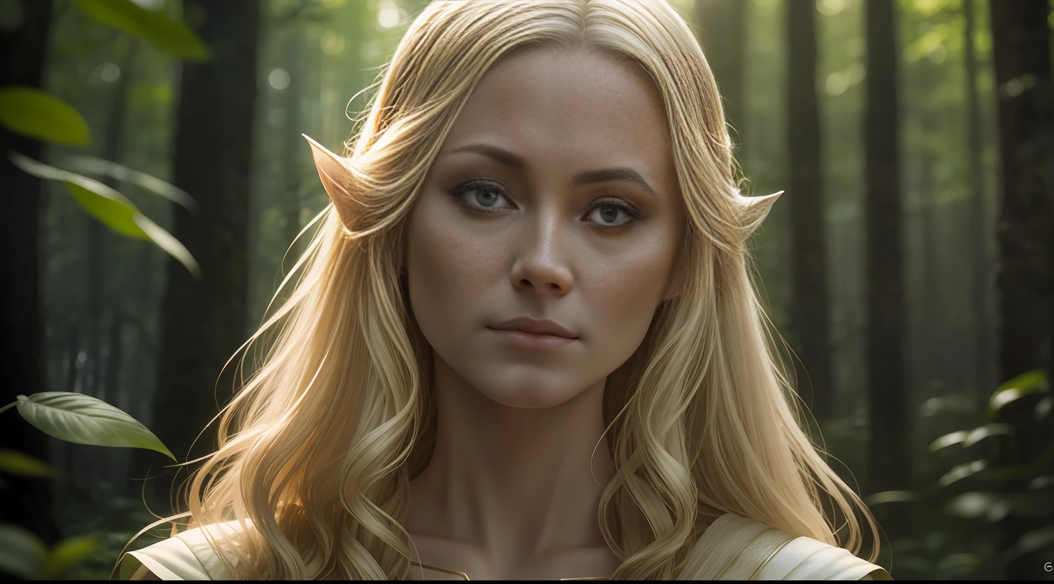 Galadriel from the Amazon Prime Video series, realistic, in a beautiful natural environment + forest:1.2, highlighting the beauty of the face, Nordic blonde hair, clothes imbued with elegance and authority, depth of field restricted to the foreground ) --auto --s2
