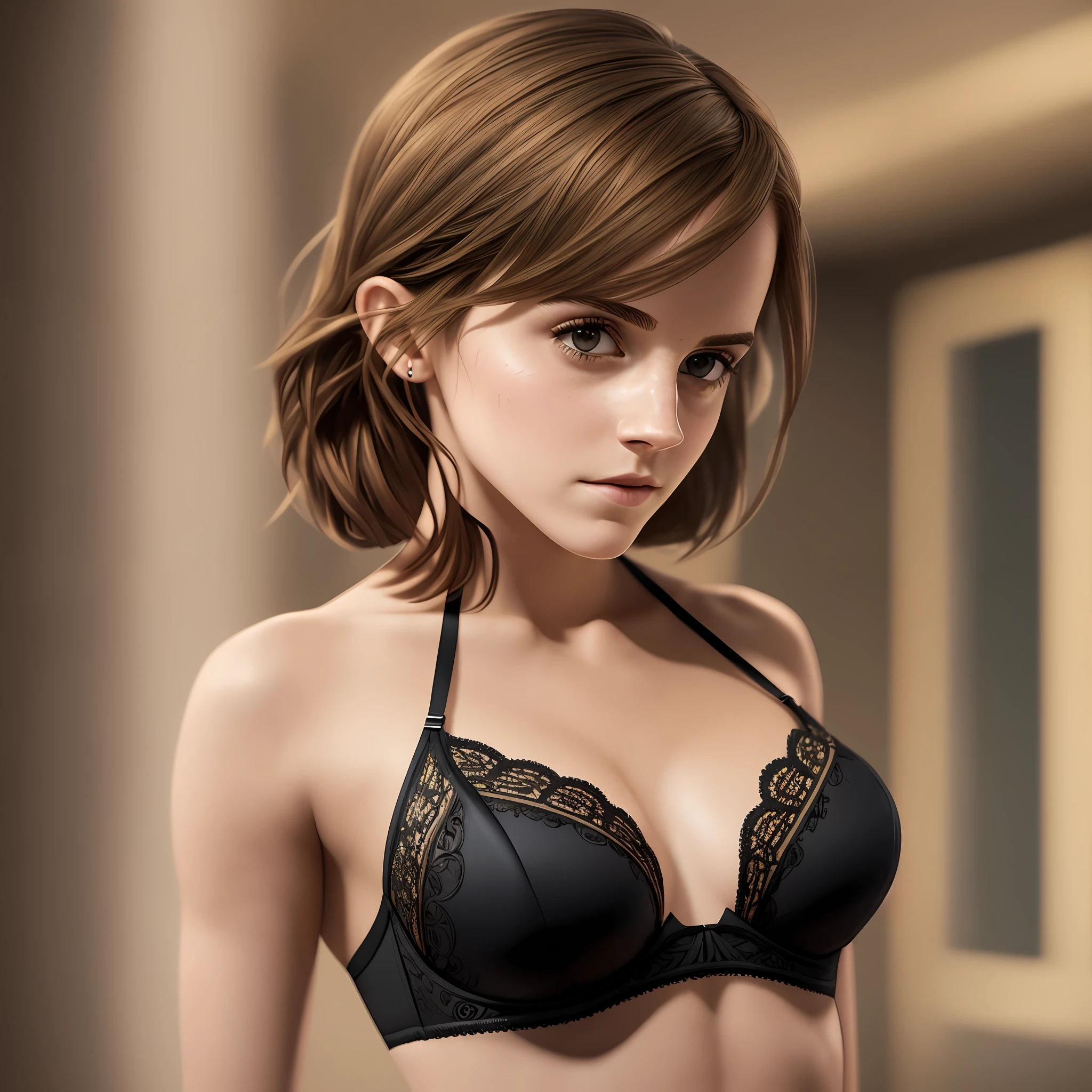 Emma Watson. The skimpy lingerie of the tall slender woman can hardly cover her perfect body and round breasts. With a dreamy look, she looks into the camera, (Masterpiece:1.2) (Photorealistic:1.2) (Bokeh) (best quality) (intricate details) (8K) (High Poly) (Raytracing) (Cinema lighting) (Sharp focus) (detailed face) (detailed pupils) --auto --s2