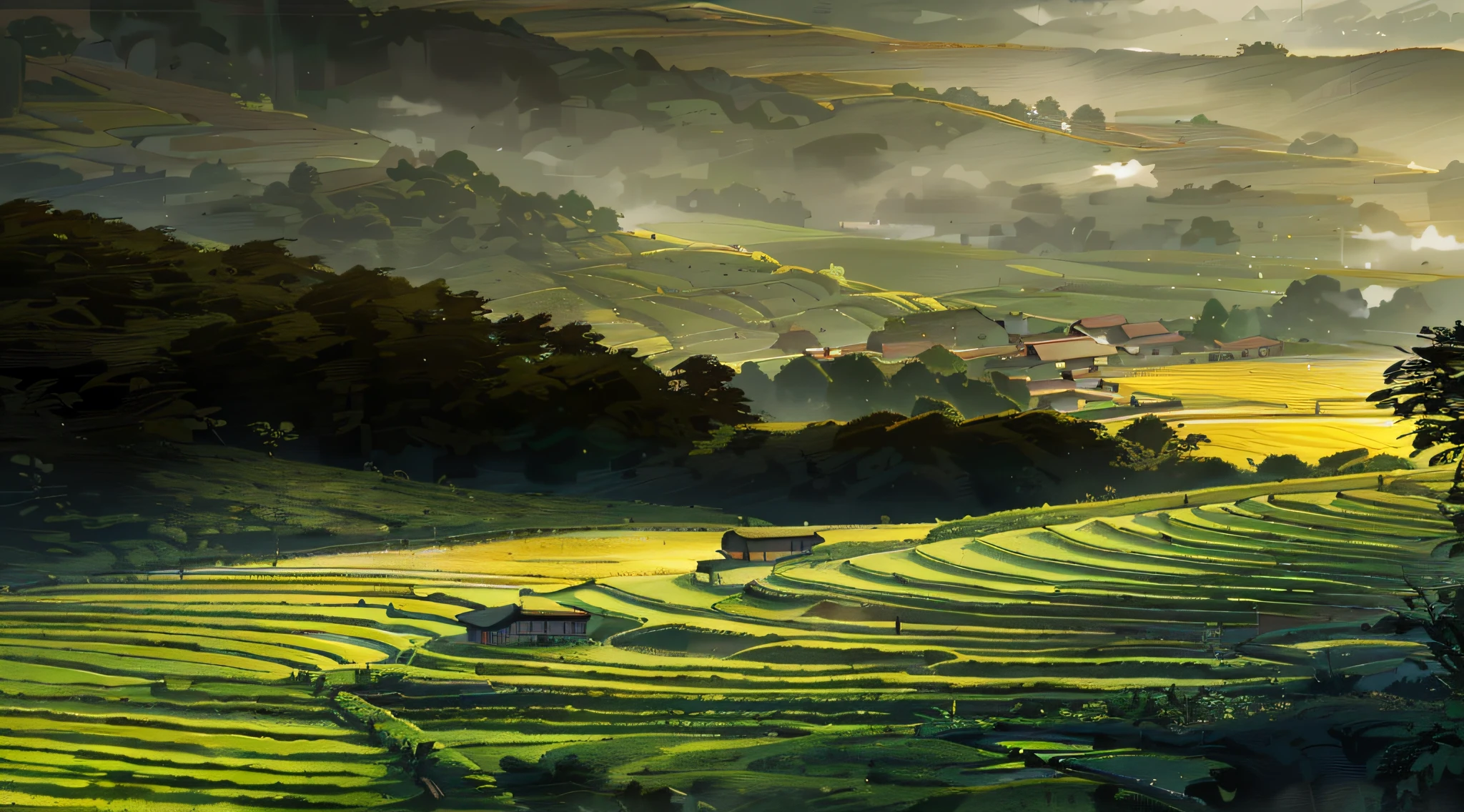 Large expanses of terraced fields, mountains, huts, with rice fields, rice fields, neat rice seedlings in the fields, misty rain, villages, agriculture, in the tranquil landscape, misty weather, in the vast tranquil landscape, in the early morning, in the morning mist, behind a small village, mist, Japanese countryside, thatched roofs --v 6