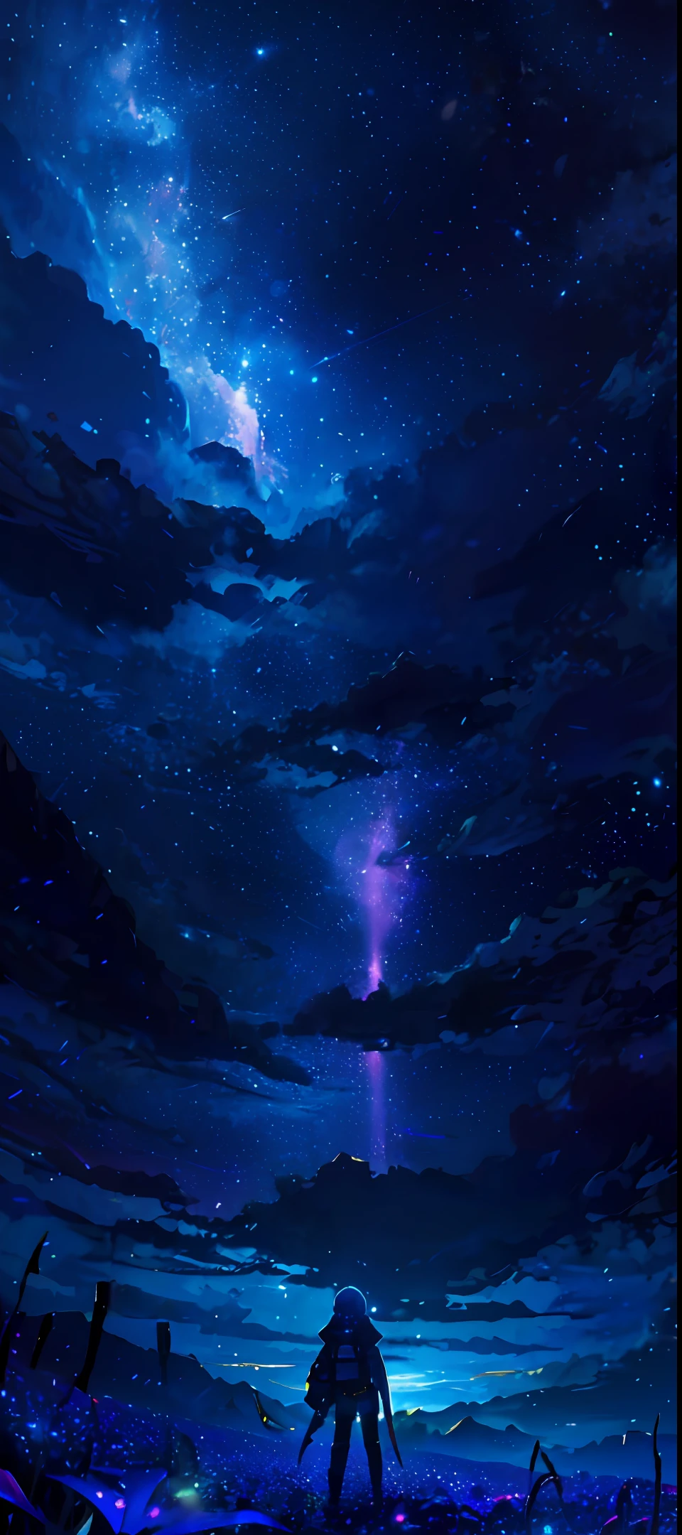 expansive landscape photograph , (a view from below that shows sky above and open field below), a girl standing on flower field looking up, (full moon:1.2), ( shooting stars:0.9), (nebula:1.3), distant mountain, tree BREAK production art, (warm light source:1.2), (Firefly:1.2), lamp, lot of purple and orange, intricate details, volumetric lighting BREAK (masterpiece:1.2), (best quality), 4k, ultra-detailed, (dynamic composition:1.4), highly detailed, colorful details,( iridescent colors:1.2), (glowing lighting, atmospheric lighting), dreamy, magical, (solo:1.2)