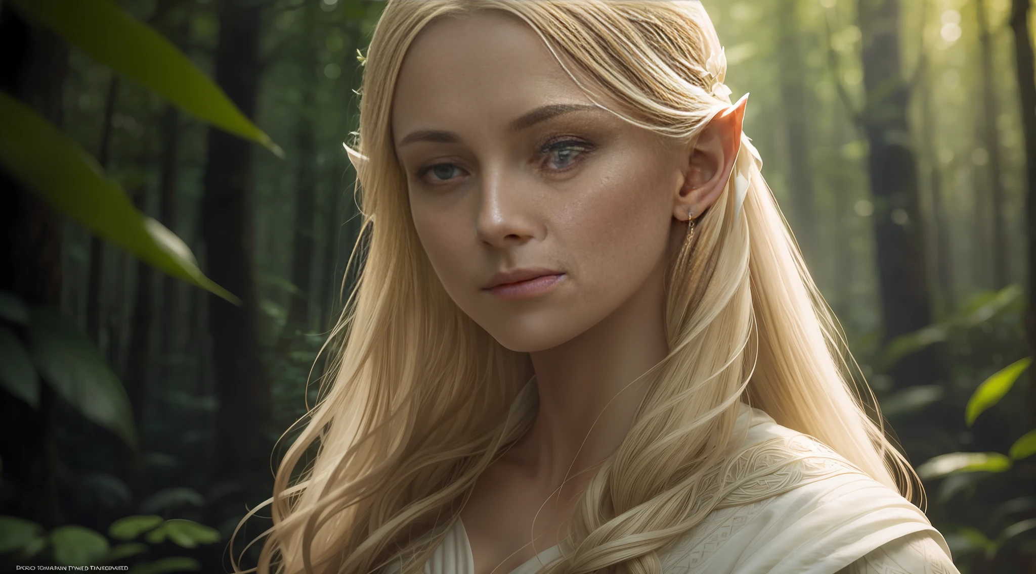 Galadriel from the Amazon Prime Video series, realistic, in a beautiful natural environment + forest:1.2, highlighting the beauty of the face, Nordic blonde hair, clothes imbued with elegance and authority, depth of field restricted to the foreground ) --auto --s2