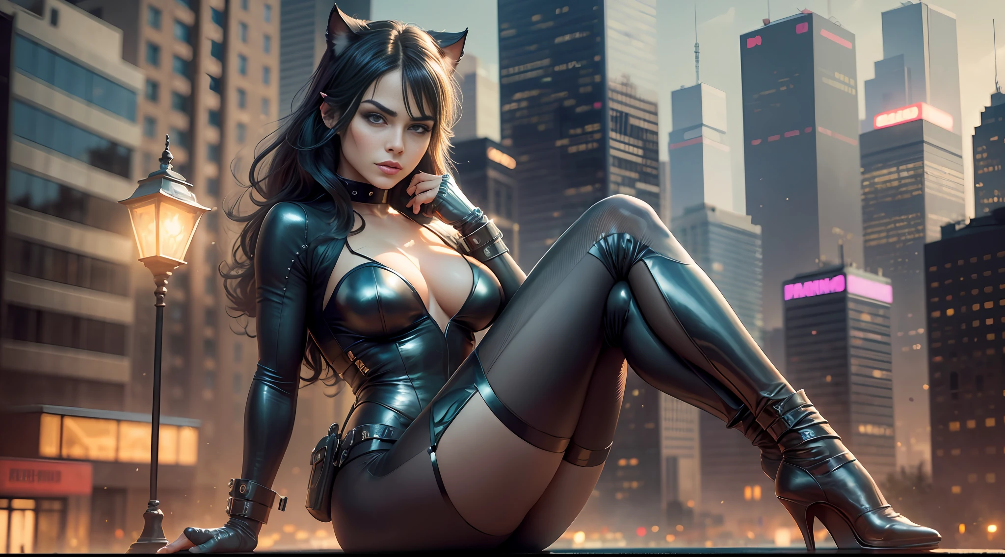 RAW photo, [Melissa Barrera] as Catwoman, lighting around her body, posing, hero, ruined background city, (highly detailed skin: 1.2), anatomically perfect hands and feet and legs, 8k uhd, dslr, soft lighting, high quality, film grain, Fujifilm XT3