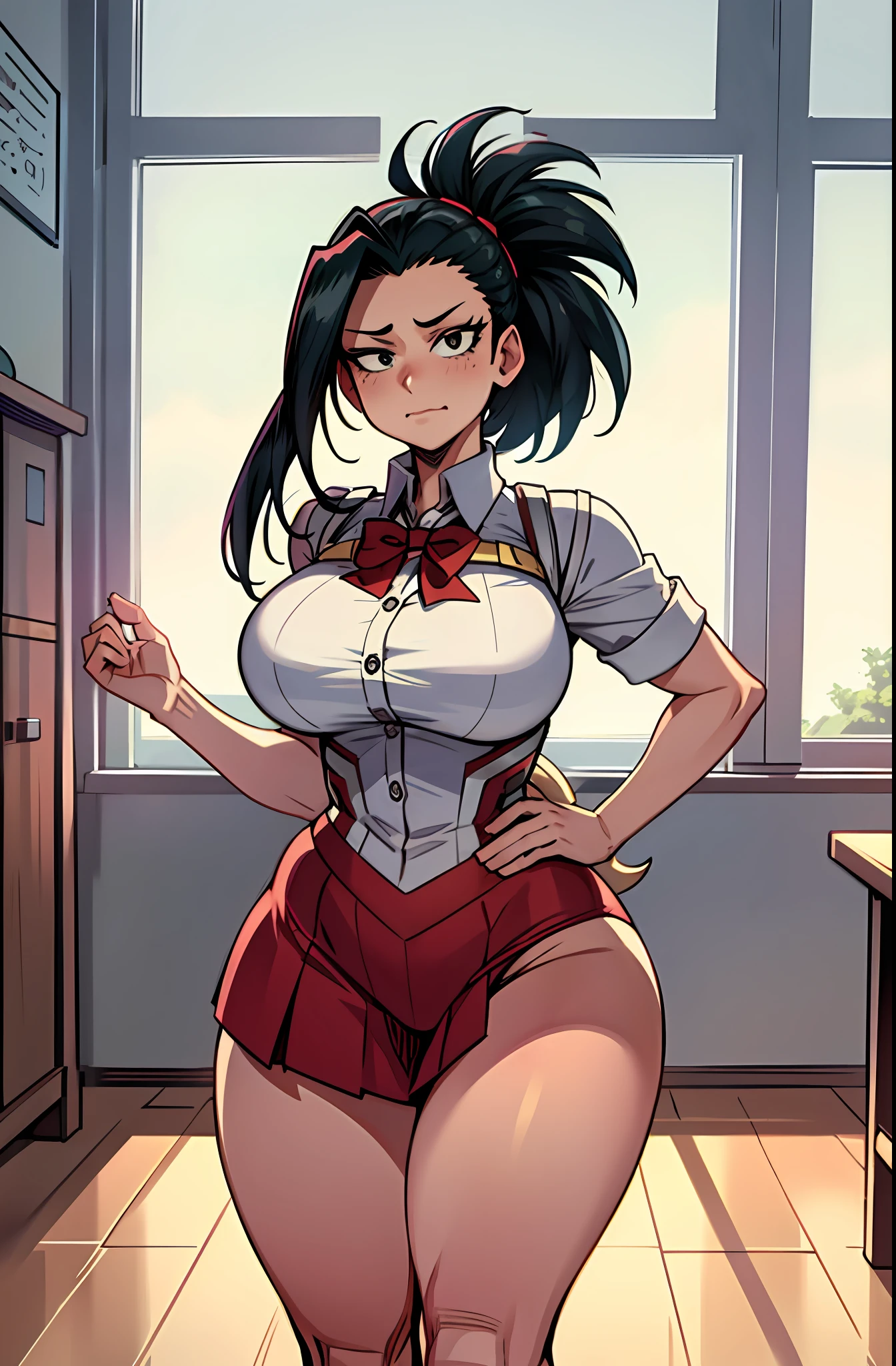 masterpiece, Boku no Hero Academia, Highres, Solo, Yaoyorozu Momo, lustful face, school uniform, big breasts, wide hips, tail