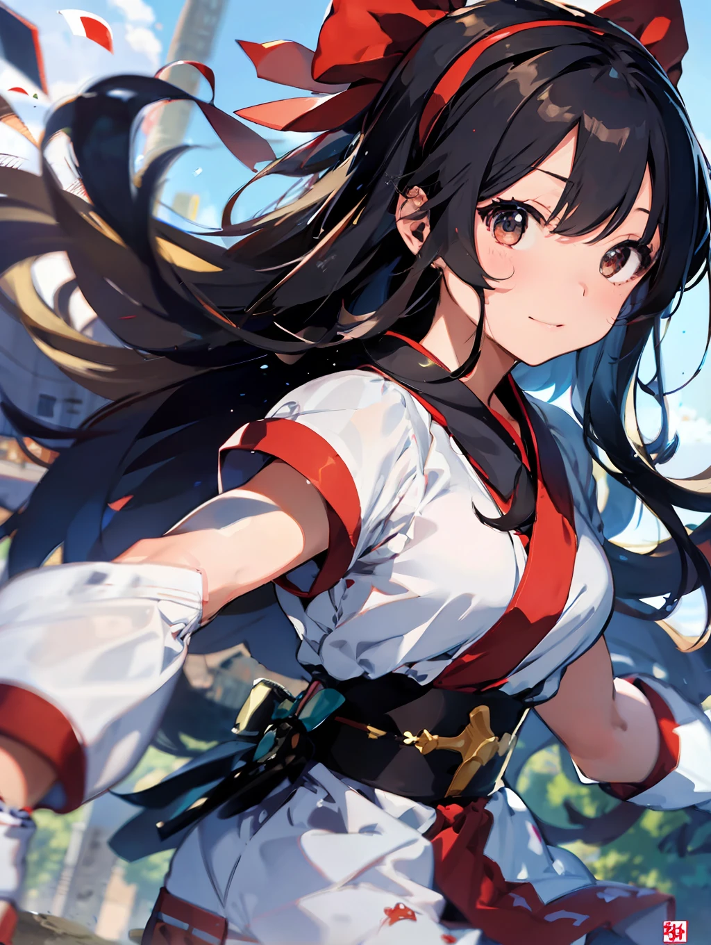 masterpiece, best quality,1girl, solo, nakorurums, red bow, bow, long hair, hair bow, ainu clothes, solo, hairband, black hair, fingerless gloves, short sleeves, gloves, sash, bangs, red hairband, breasts, brown eyes, white pants, japanese clothes, masterpiece, light smile, (illustration: 1.5), running toward viewer