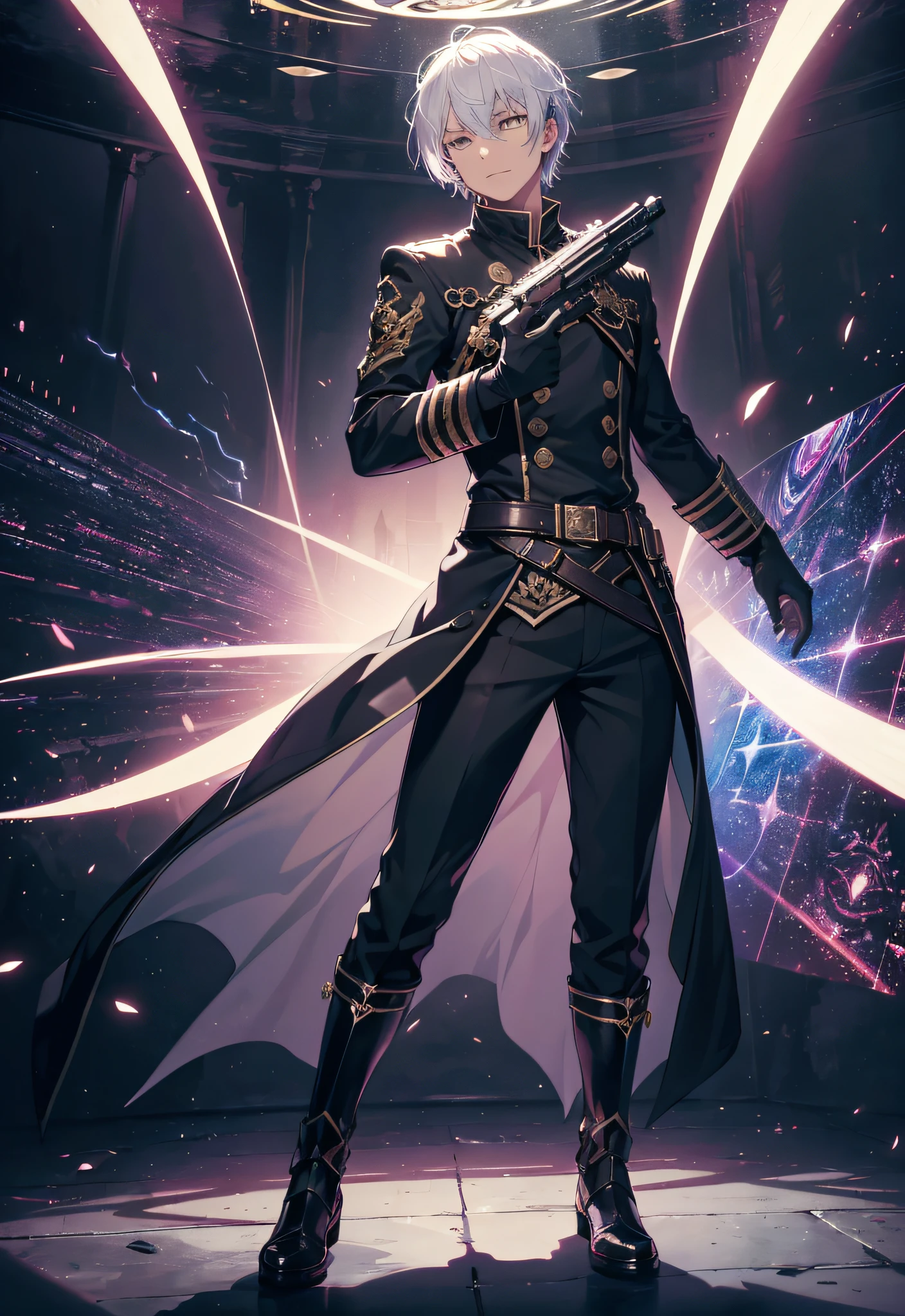 (absurdres, highres, ultra detailed, HDR), masterpiece, best quality, solo, a boy holding gun, magic gun, intricate gun, handsome, short hair, white hair, leather outfit, BREAK, dark persona, light persona, fractal, full body, ceiling, artistic background, Bio-luminescence, geometric, Organic, blessing, favor, exalted, fantasy, celestial, sublime, noble, unfolding, unraveling, spiritual, dignified, magic circle, spark, swirl, vortex, real shadow, from side, look at viewer