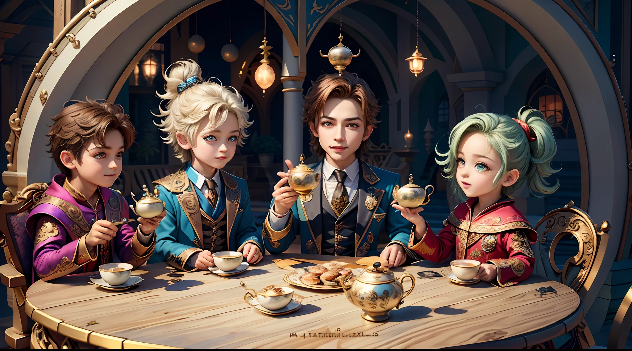 Masterpiece, best quality, wizard tea party, magic tea party, magic, chibi, handsome male witch, highly detailed realistic eyes, happy, vibrant, colorful, rich expressions, rich eyes