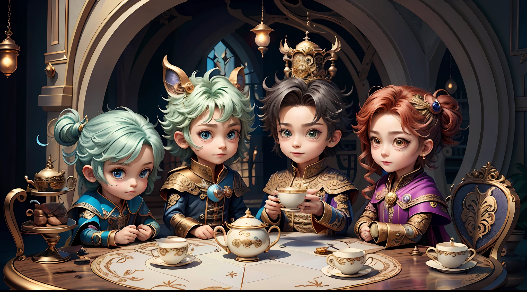 Masterpiece, best quality, wizard tea party, magic tea party, magic, chibi, handsome male witch, highly detailed realistic eyes, happy, vibrant, colorful, rich expressions, rich eyes
