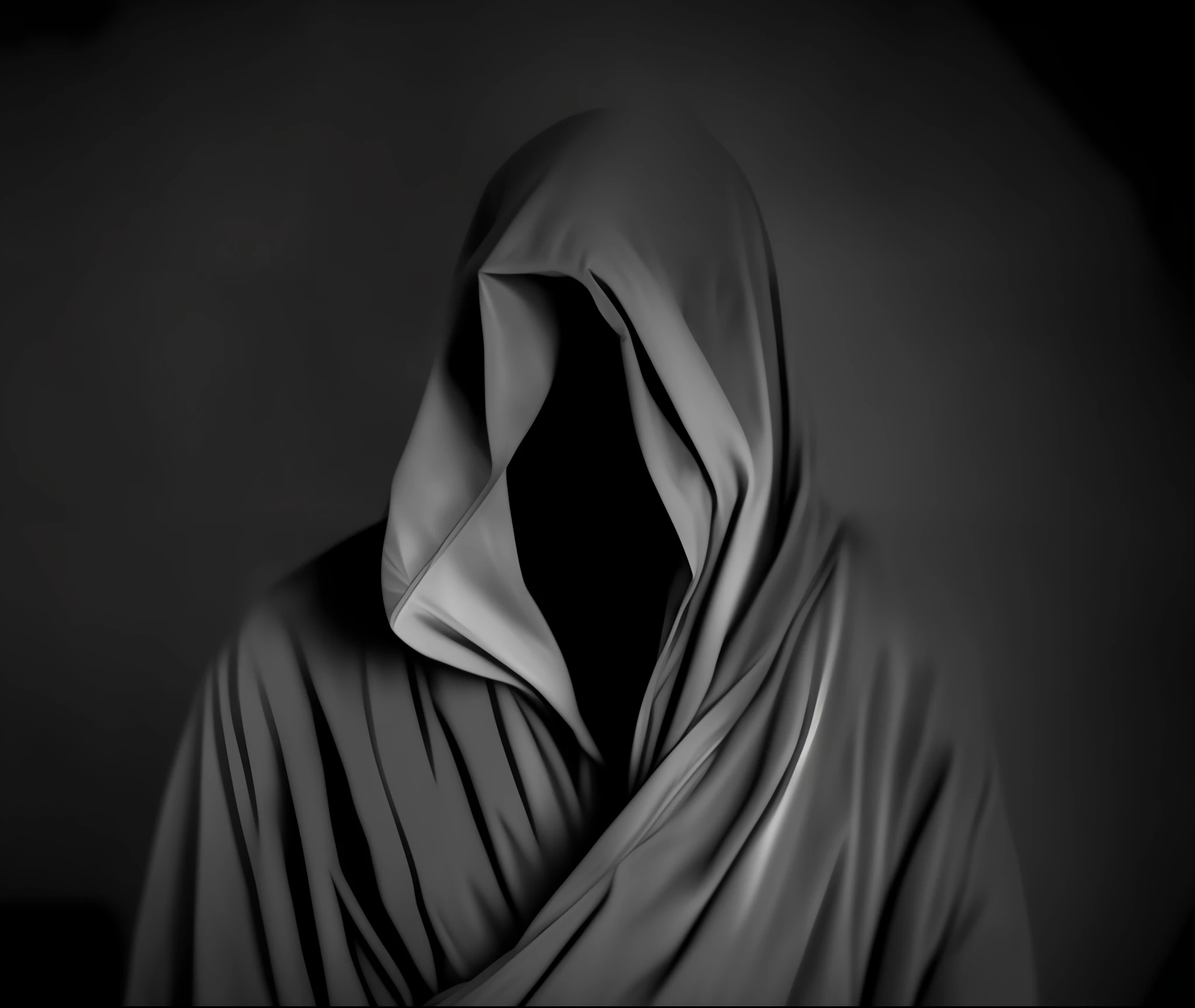 Black and white photo of a hooded person, dark hooded figure, surreal hooded figure, hooded figure, hooded face, dark faceless people, covert figure, symmetrical covert figure face, black cloak hidden in shadows, strange person, shadowy grim reaper portrait --auto --s2