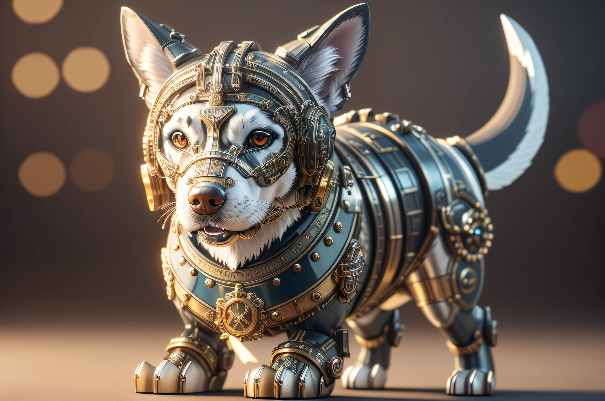 there is a statue of a dog with a large collar and a collar, cyborg dog, steampunk dog, husky in shiny armor, rendered in redshift, super detailed render, cyber steampunk 8 k 3 d, 3 d render stylized, hyper detailed 3d render, hyper detailed 3 d render, houdini 3 d render, armored cat, hyperdetailed fantasy character
