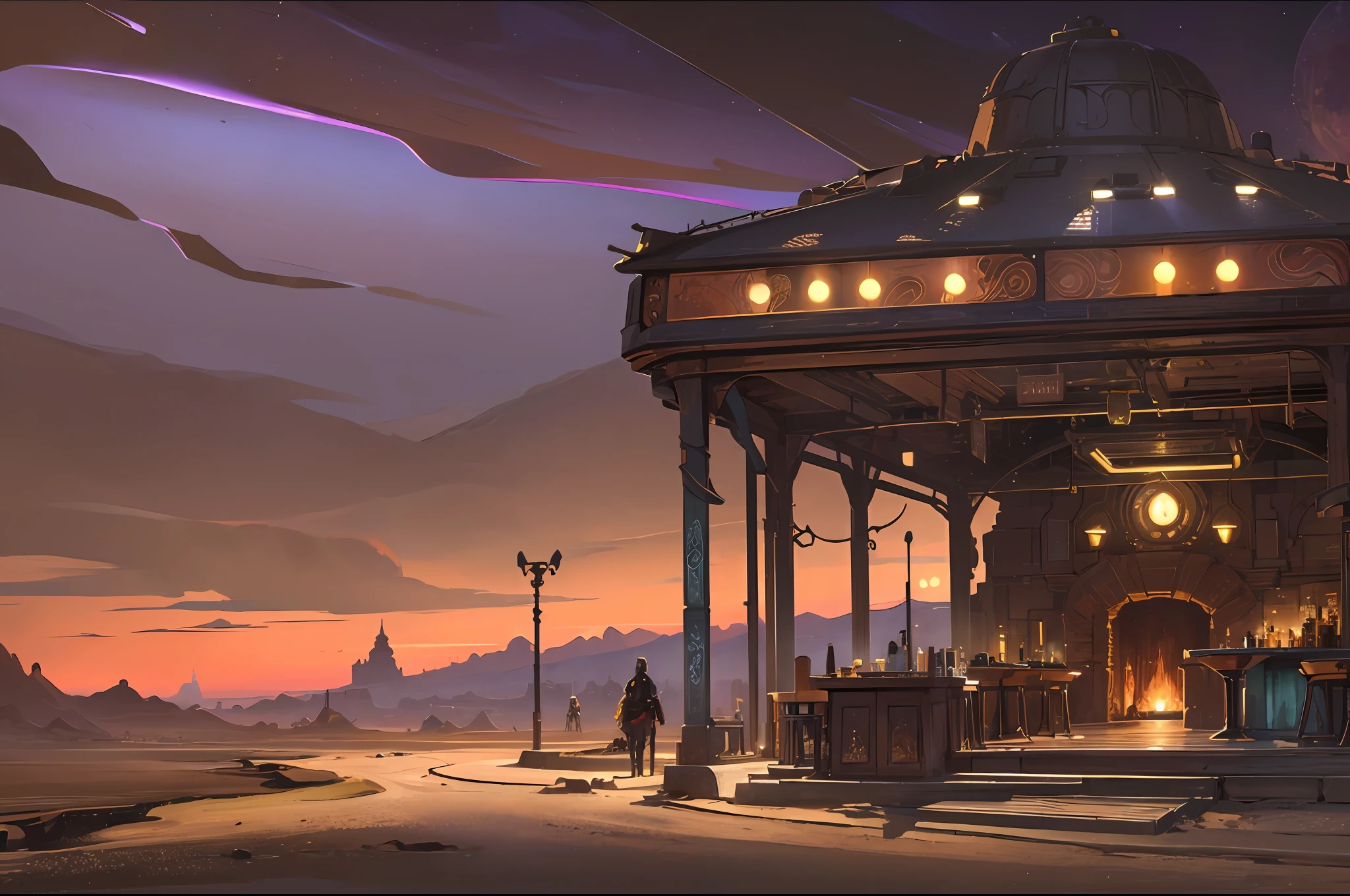 Impasto, Style fantasy futuristic ambient, old bar in the desert, smog, backgraund blur spaceship, in the darkness nigth, (best_quality:1.3), (masterpiece:1.3). (ultra_detailed:1.3) --auto --s2