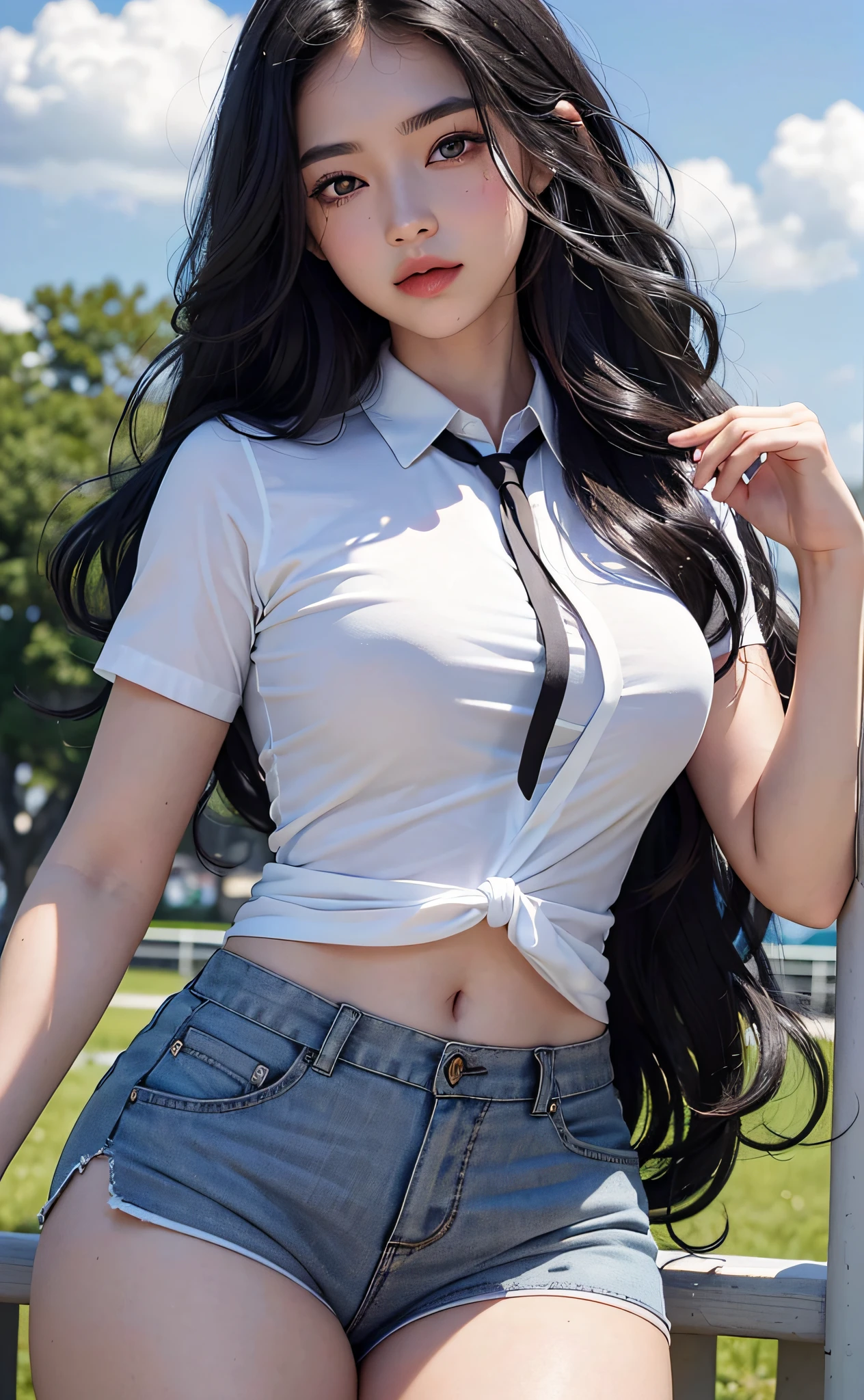 (Masterpiece, realistic, high resolution), (1 girl): 1.2), Chinese, ((black wavy hair): 1.3), (heterochromic eyes: 1.1, thick eyebrows), tie, (white shirt, gray sports shorts), (medium breasts): 1.3, thighs), outdoor, blue sky and white clouds