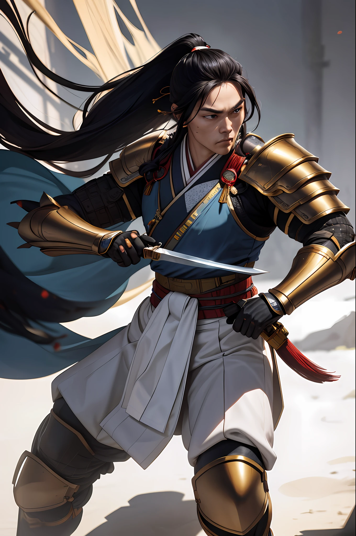 Best quality, masterpiece, super high resolution, (Realistic: 1.5) 1 man, middle-aged, muscular, chinoiserie armor weapon, knife, long hair, black hair, ponytail, dark skin, battle posture, white background, solo, blood, arm shield, night jungle, blood on weapon, looking at the audience, blue eyes, cloth, floating hair all over, upper body, jumper, hands on hips, perfect lighting, perfect shadow, dynamic pose, movie, (hanbok: 1.2), (Japanese armor), (flat color: 1.25), (adult: 1.4), style splash background