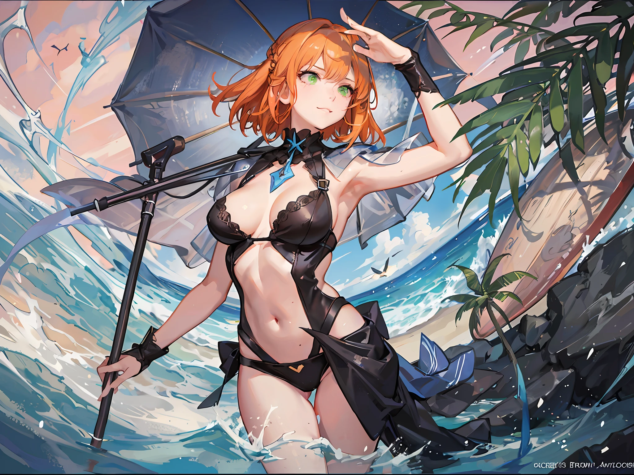 (((masterpiece))), portrait, one beautiful girl with bob cut pale skin, ((dynamic hair)), ((dynamic action pose)), (short orange hair), (cat ear), (green eyes), (orange tail), ((bikini)), (white T-shirt), ((Lying on the beach)) sweet suit, sunny, summer, model shoot style, freckles, dynamic hair, perfect body, small breast, highly detailed, more details, cinematic atmosphere, sunbathing on the beach, slender body, Belly button, beach umbrella, precise correct anatomy, epic scene, artstation, detailed skin, detailed face, detailed eyes, hyperdetailed, intricately detailed art, pose figure, intricate details,dynamic lighting, post-processing, global illumination, detailed and intricate environment, modelshoot style, 8K UHD, concept art, octane render