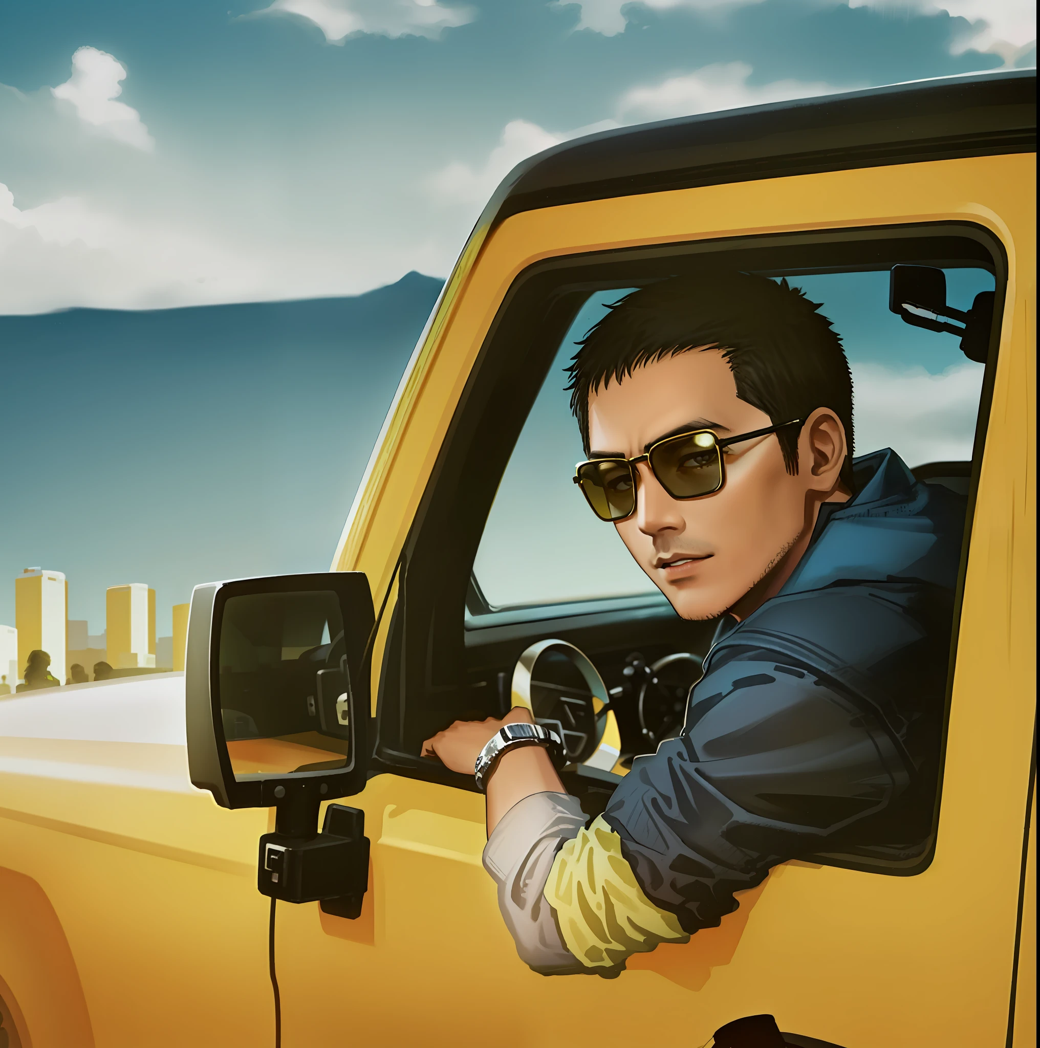 there is a man sitting in a yellow jeep looking out the window, wong kar wai, joe taslim, in style of kar wai wong, with sunglass, allan lee, jia zhangke, like andy lau, brian sum, darren quach, ben lo, driver, steve zheng, eric hu, simon lee, jonny wan, damien tran