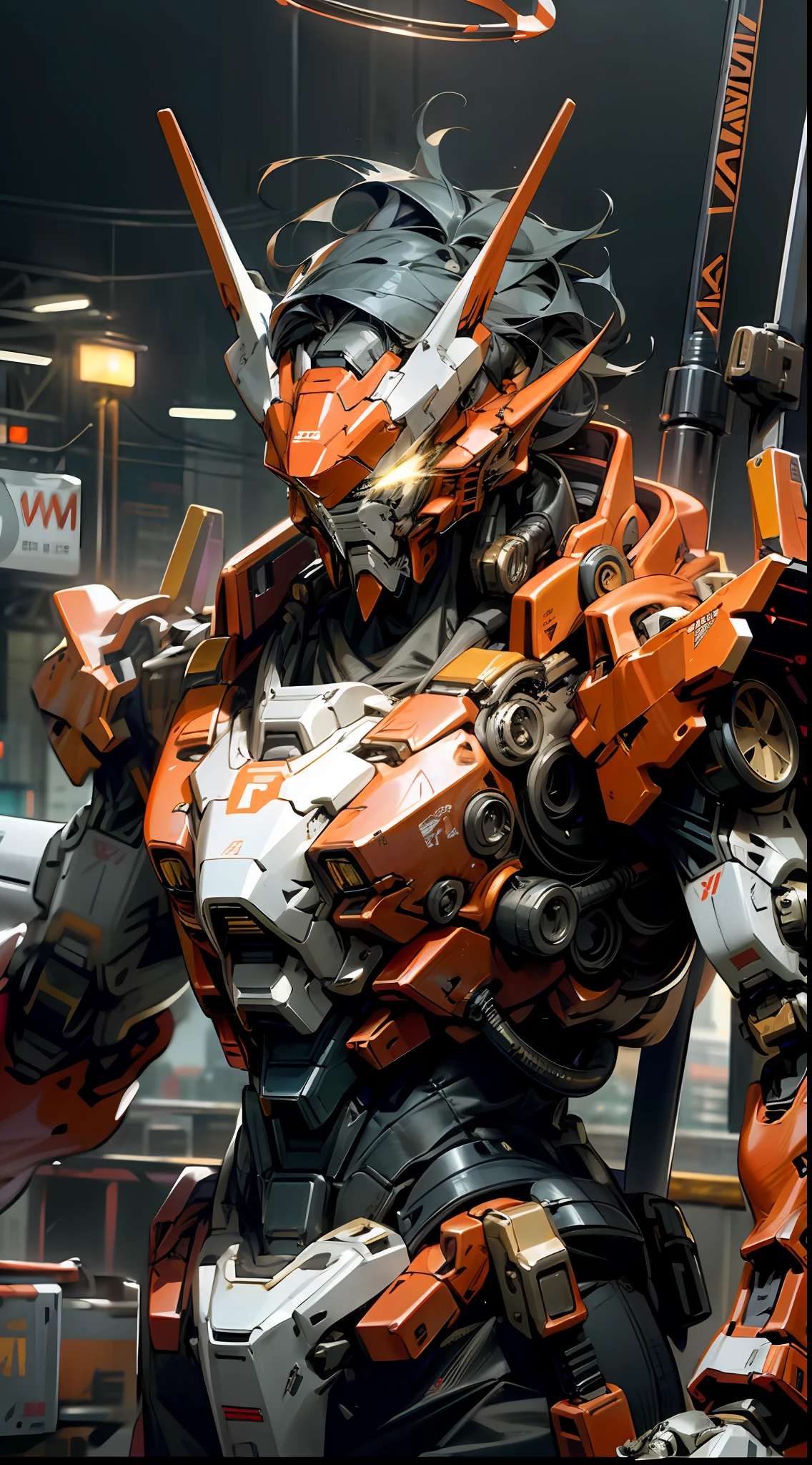 Gundam Mech, Orange Rune Surrounds, Orange Rune Floating, Dark_Fantasy, Cyberpunk, (Best Quality, Masterpiece), On the Moon, 1 Man, Mechanical Marvel, Robot Presence, Cybernetics Guardian, City, Highest Quality, Stunning Art, Wallpaper 4K, Highly Detailed, Military Robot, Army, Warzone, Black and White Red, Highest Quality Digital Art, Wallpaper 4K, 8K, 64K, HD, Unparalleled Masterpiece, Dynamic Lighting, Movie, Epic, Damaged mechanical parts, golden glowing eyes, hand-held weapons, halo on the head,