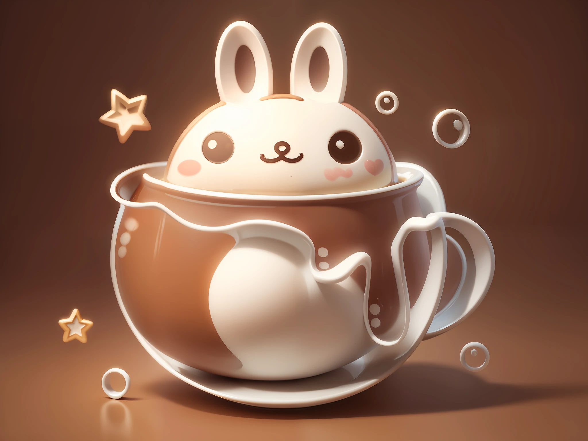 Rabbit in cup with hot chocolate, natural light, chocolate pouring