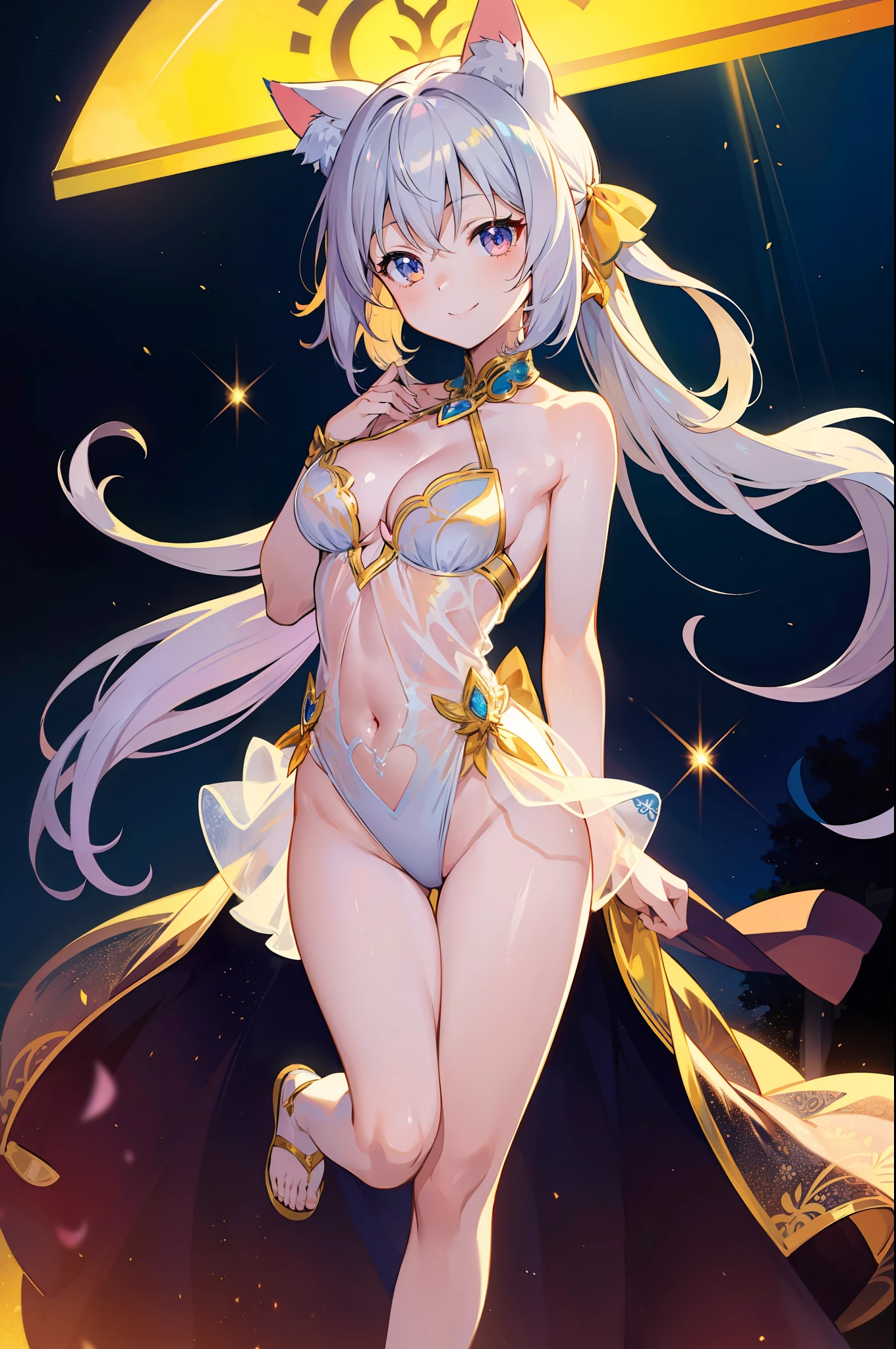Masterpiece, top quality anime illustration, super detailed, single girl, solo, beautiful girl with silver hair, anime , cat ear lolile golden see-through dancer costume, smile, cleavage enhancement, lower breast emphasis on bare skin, thigh focus, night color
