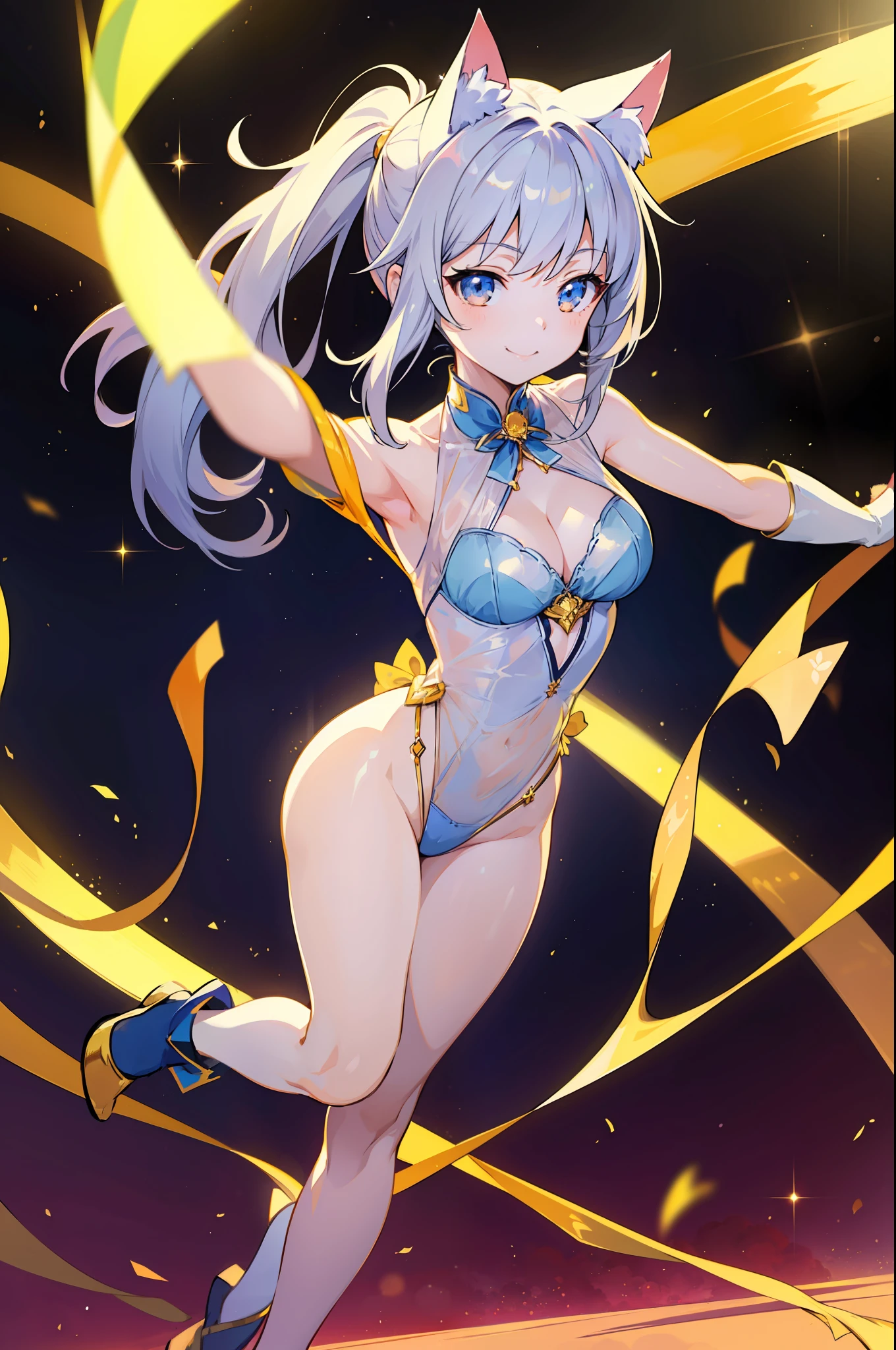 Masterpiece, top quality anime illustration, super detailed, single girl, solo, beautiful girl with silver hair, anime loli, cat ear loli, pale golden see-through dancer costume, smile, cleavage enhancement, lower breast emphasis on bare skin, thigh focus, night color