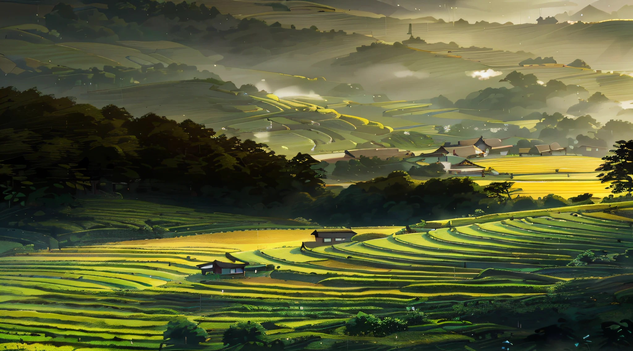 Large expanses of terraced fields, mountains, huts, with rice fields, rice fields, neat rice seedlings in the fields, misty rain, villages, agriculture, in the tranquil landscape, misty weather, in the vast tranquil landscape, in the early morning, in the morning mist, behind a small village, mist, Japanese countryside, thatched roofs --v 6