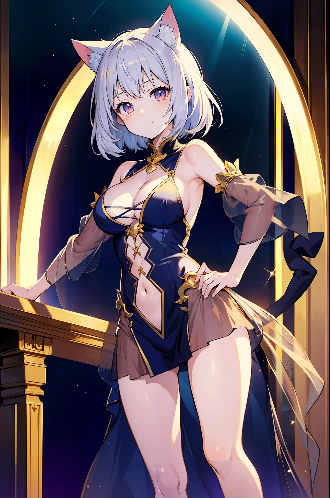 Masterpiece, top quality anime illustration, super detailed, single girl, solo, beautiful girl with silver hair, anime loli, cat ear loli, pale golden see-through dancer costume, smile, cleavage enhancement, lower breast emphasis on bare skin, thigh focus, night color