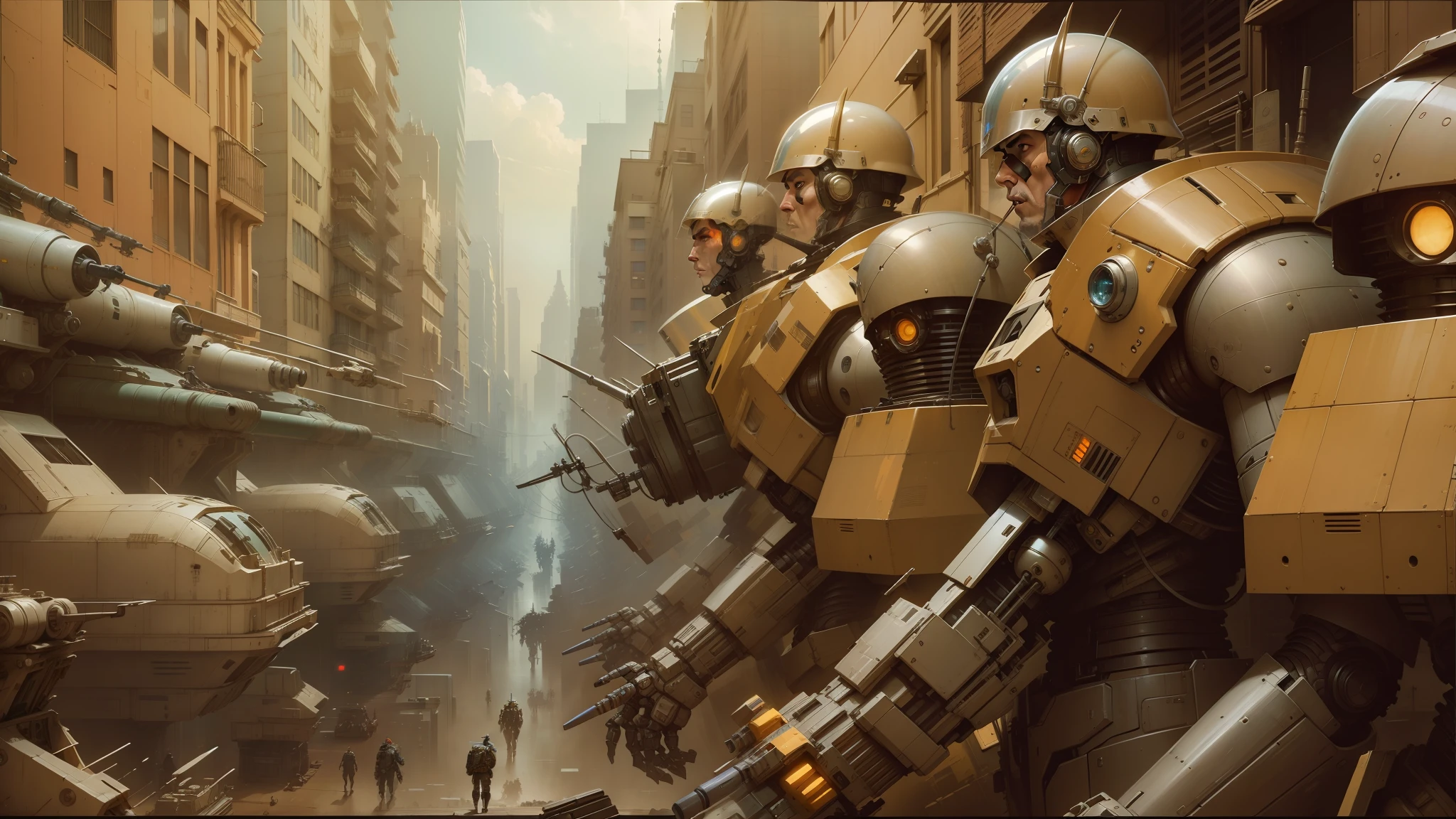 there are many robots that are standing in a city, cgsociety ), white john berkey armor panels, highly detailed cgsociety, by katsuya terada, weta studio and james jean, by Enki Bilal, enki bilal style, greg rutkowski and craig mullins, james jean marc simonetti, concept art like ernest khalimov --auto --s2