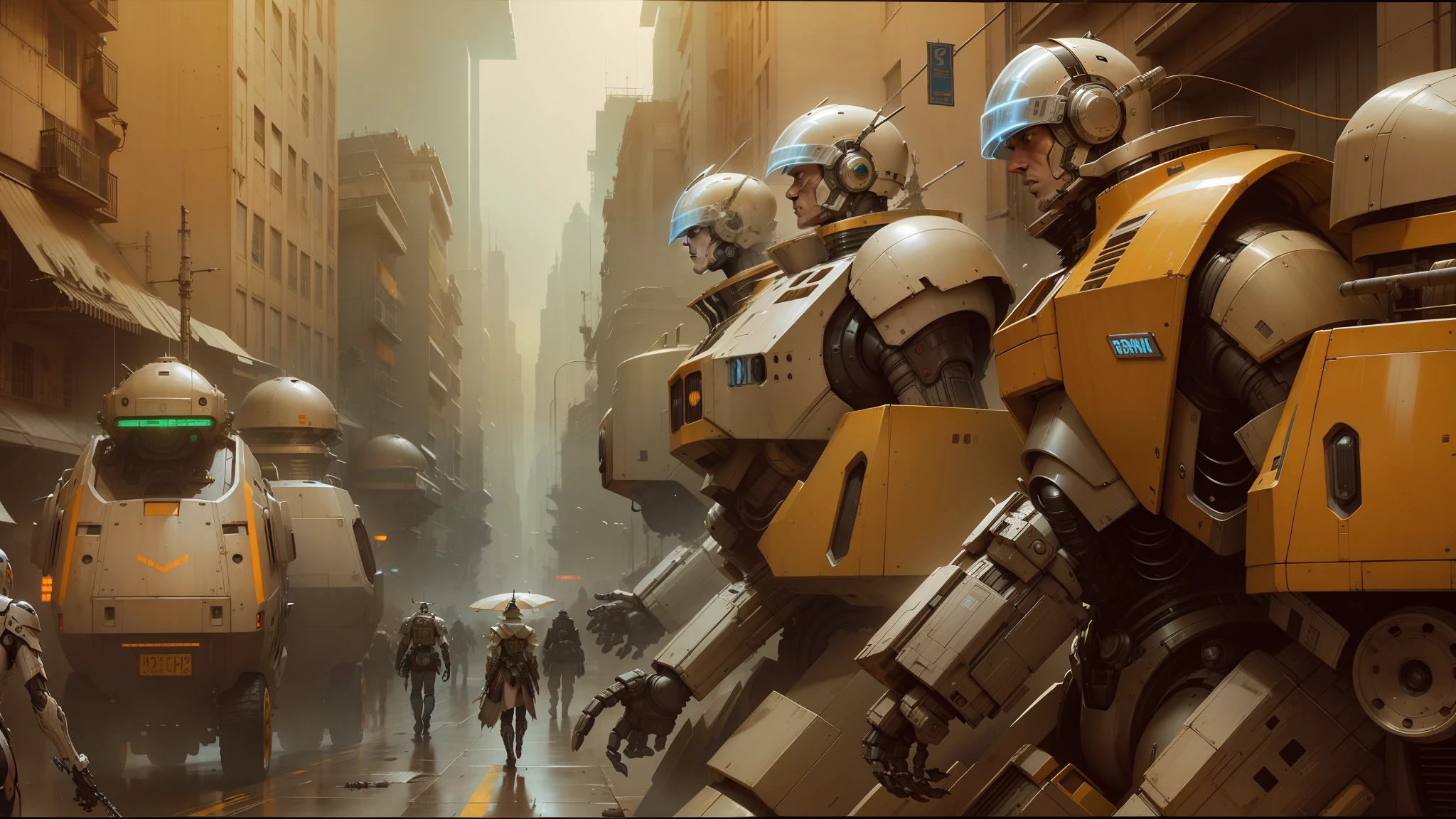there are many robots that are standing in a city, cgsociety ), white john berkey armor panels, highly detailed cgsociety, by katsuya terada, weta studio and james jean, by Enki Bilal, enki bilal style, greg rutkowski and craig mullins, james jean marc simonetti, concept art like ernest khalimov --auto --s2