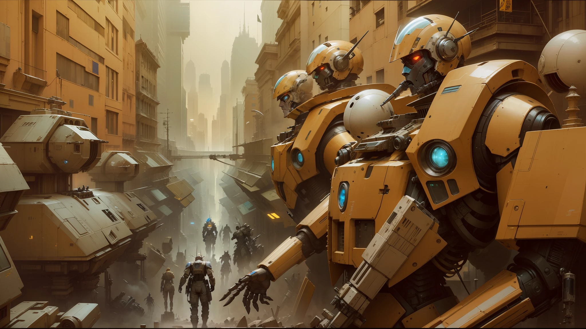 there are many robots that are standing in a city, cgsociety ), white john berkey armor panels, highly detailed cgsociety, by katsuya terada, weta studio and james jean, by Enki Bilal, enki bilal style, greg rutkowski and craig mullins, james jean marc simonetti, concept art like ernest khalimov --auto --s2