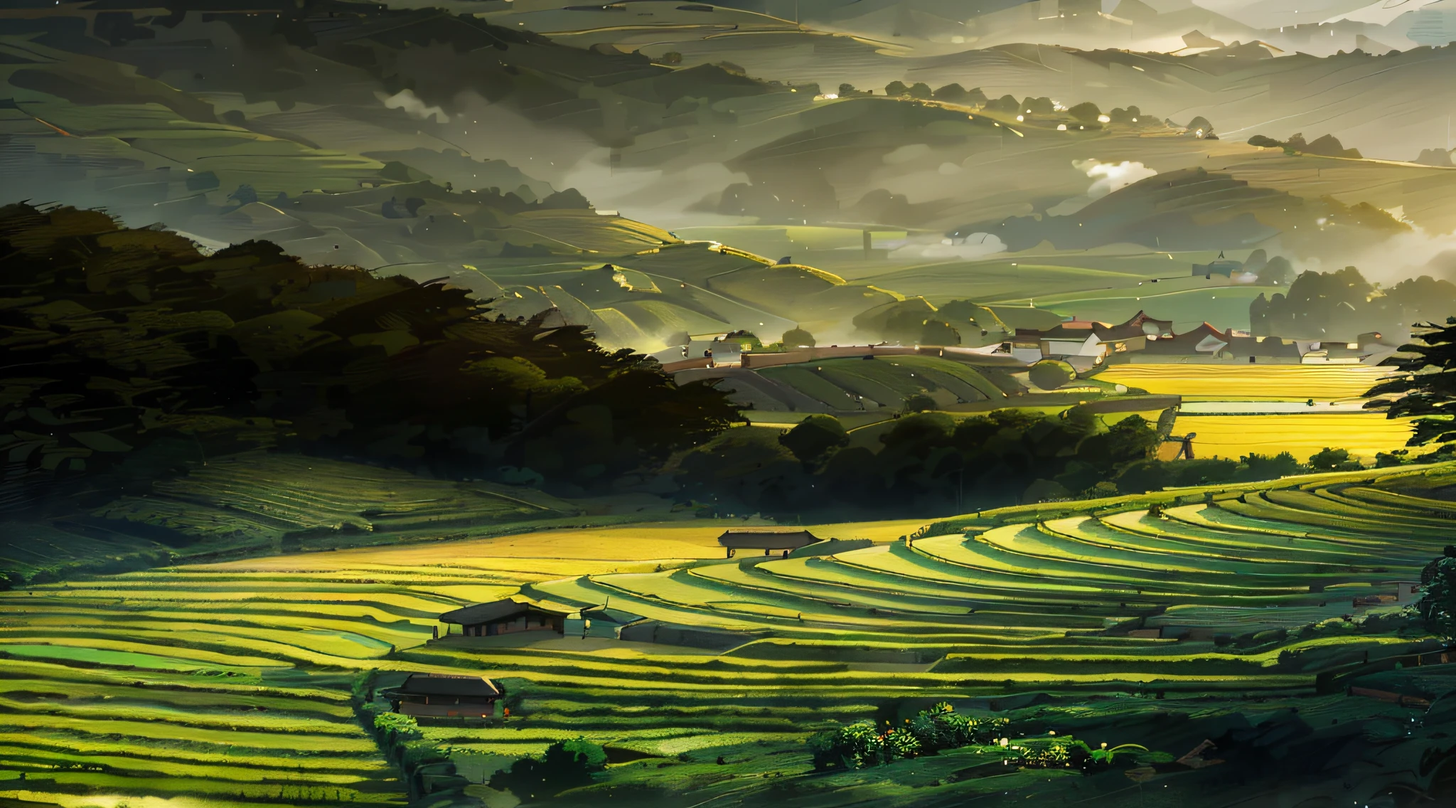 Large expanses of terraced fields, mountains, huts, with rice fields, rice fields, neat rice seedlings in the fields, misty rain, villages, agriculture, in the tranquil landscape, misty weather, in the vast tranquil landscape, in the early morning, in the morning mist, behind a small village, mist, Japanese countryside, thatched roofs --v 6