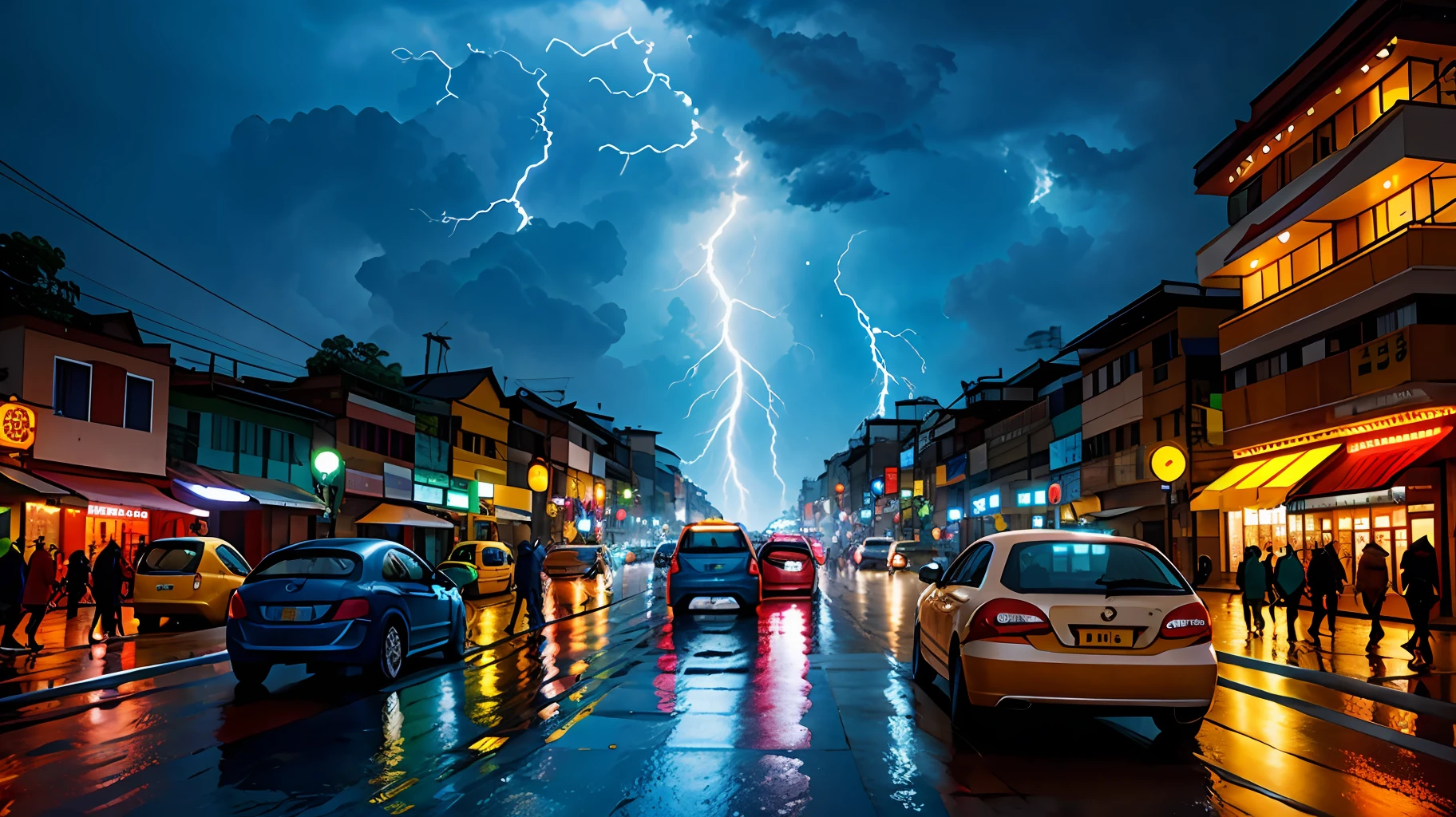 arafed image of a street with people walking and cars parked, unsplash contest winning photo, raining award winning photo, shutterstock, 500px, 5 0 0 px, by Raymond Han, trending on 5 0 0 px, trending on 500px, thunder storm, myanmar, rainy city at night, lighning storm, amazing photo, many lightning