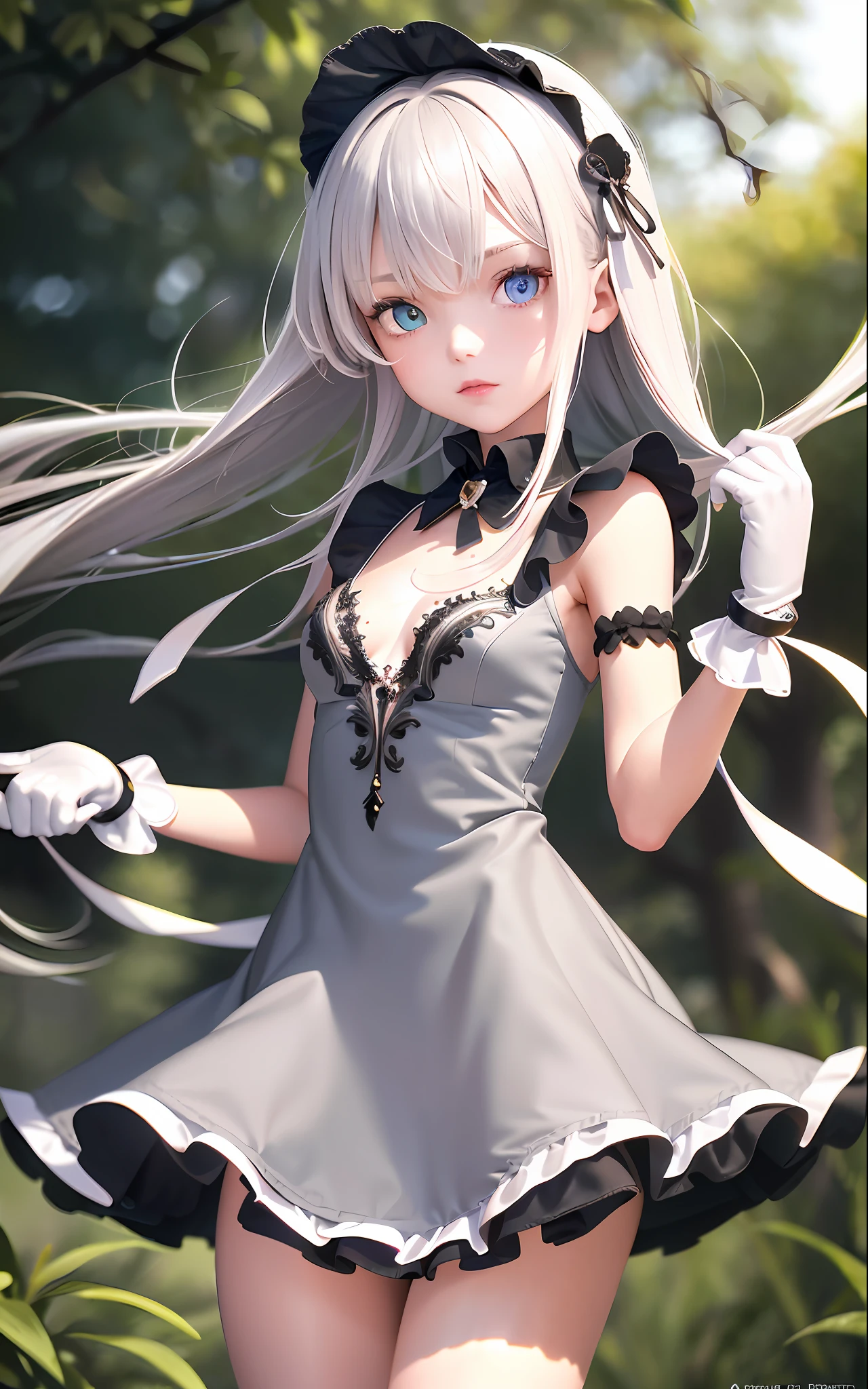 Superb Piece, High Resolution, Best Quality, UHD, Super Detail, Award-Awarded, 16k, (upper body), a beautiful girl, gray hair, hair strands, ((heterochromia)), hanging eyes, fair skin, (small breasts), (slender body), ((summer dress)), (ribbon collar), (short gloves as short as half a palm)