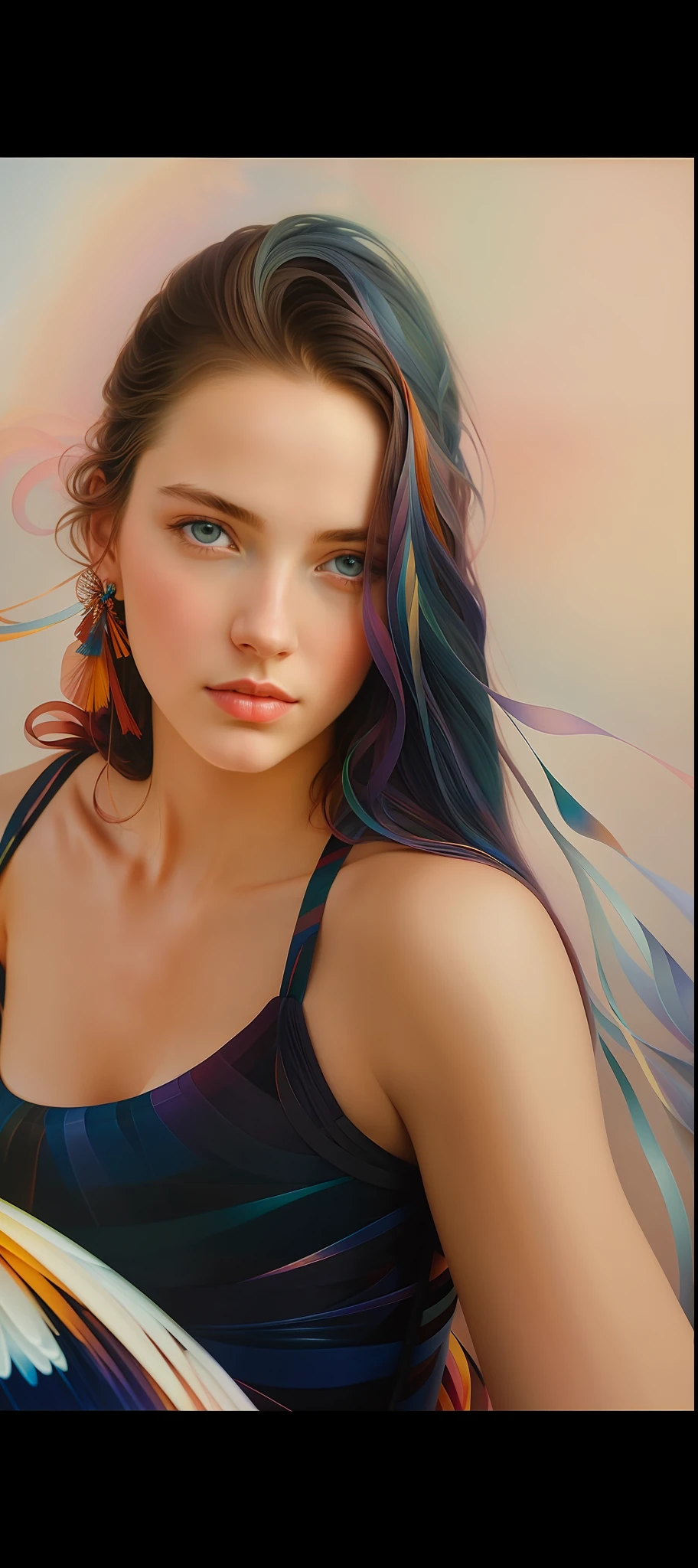 _james jean, floating female figure made of ribbons, smoke, in the sky, colorful and vibrant, mystical colors, contemporary impressionism, portrait painting, iridescent painting, 3/4 perspective vision, cute face, low angle, sweeping circular composition, large crystal eyes, large irises, UHD, HDR, 8K, (masterpiece: 1.5), (the most beautiful portrait in the world: 1.5)