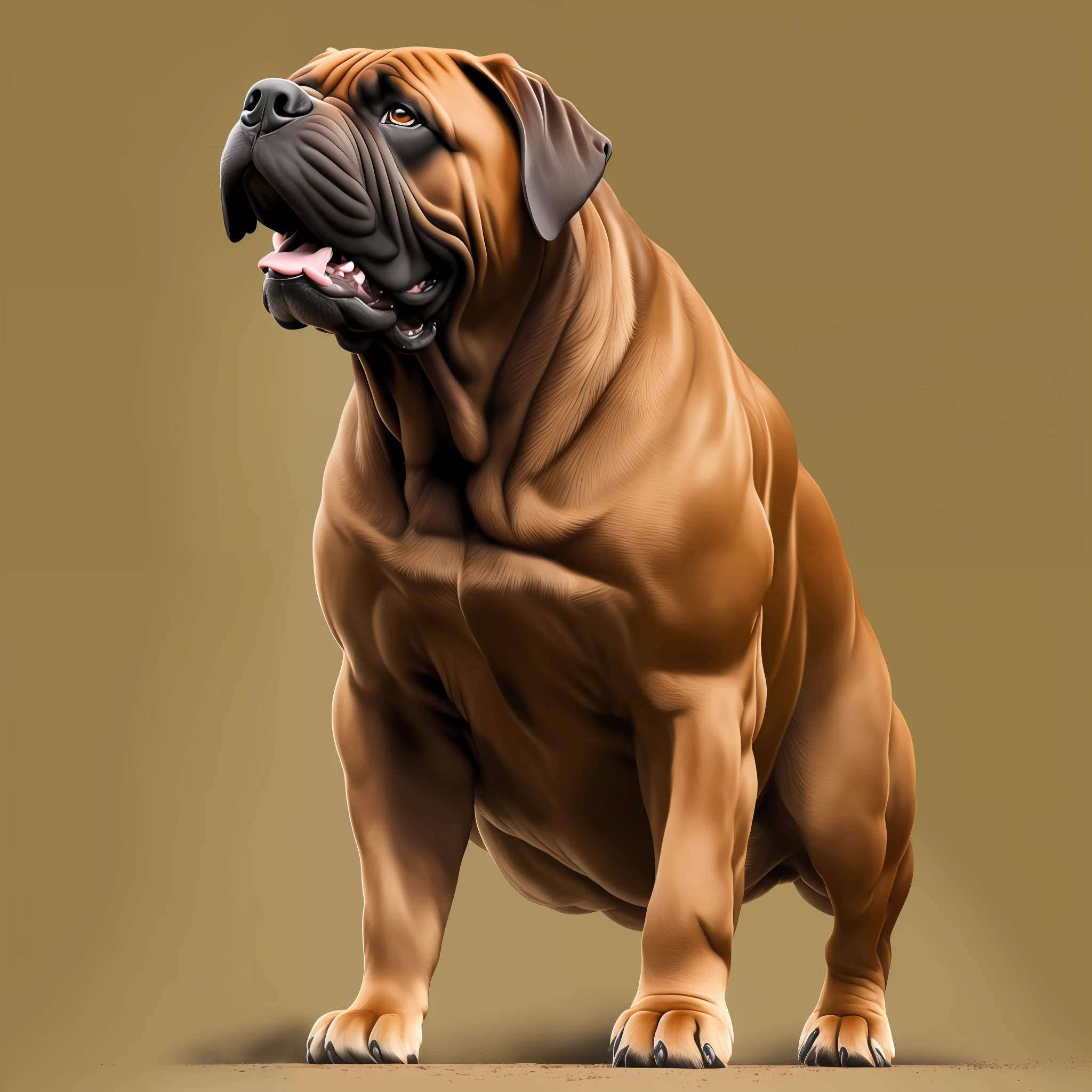 An illustration of a Boerboel standing in a guard position, with muscles tense and teeth out, displaying the vigilance and attention of the breed.