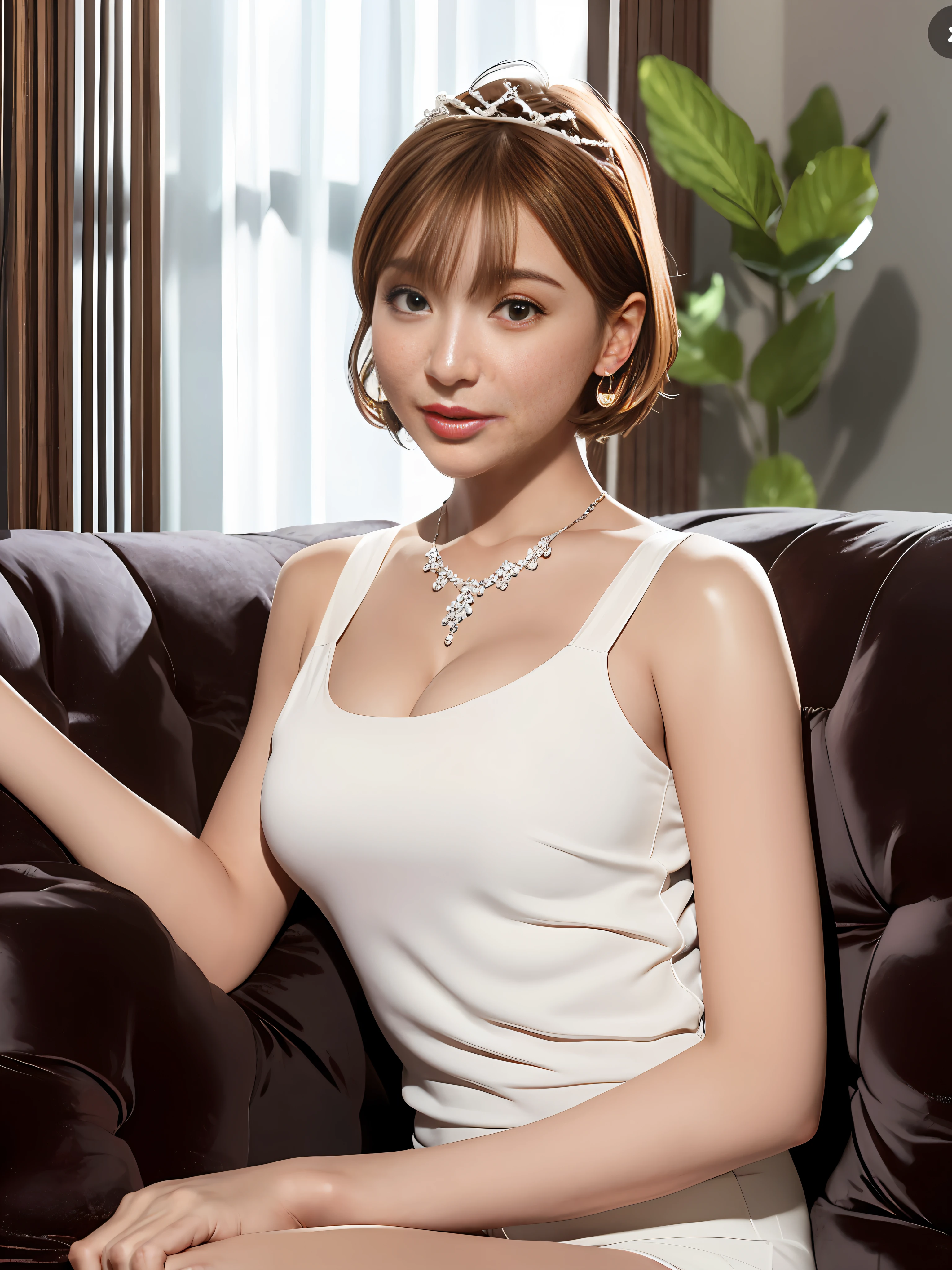 (64K, UHD, Best Quality, Masterpiece: 1.2), (Realistic, Photorealistic: 1.37), Ultra Detail, One Girl, Cute, Solo, Beautiful Detail Sky, Detail Resort Hotel,Living Room, (((Night)), White Long Sofa, ((Lying on back on sofa)), ((Japan female))), 27 years old, Height 167cm, Weight 55kg, Bust 85cm, F cup, Waist 56cm, Hips 80cm, (blush), (Smile: 1.15), (Mouth closed), Big, beautiful narrow eyes, milk-beige hair, (white see-through camisole: 1.1), night, hair is wet, Camisole, Rain, White see-through, (short hair: 1.2), floating Nova Frog style, Topless,