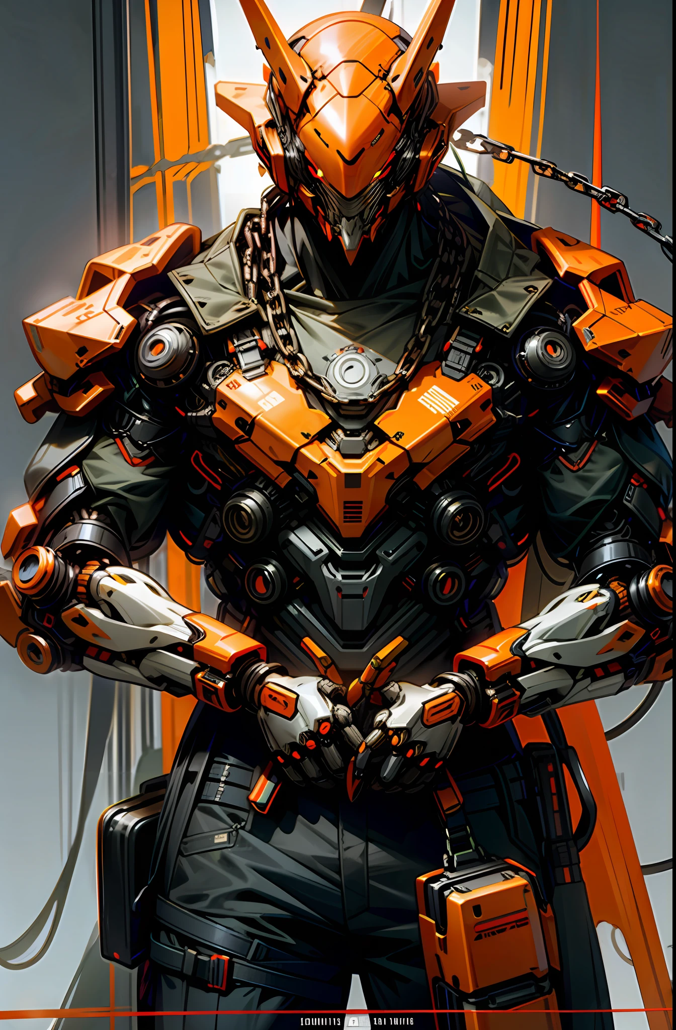 Dark_Fantasy,Cyberpunk,(chain saw,chain saw man,Red:1.1),1man,Mechanical marvel,Robotic presence,Cybernetic guardian, orange color