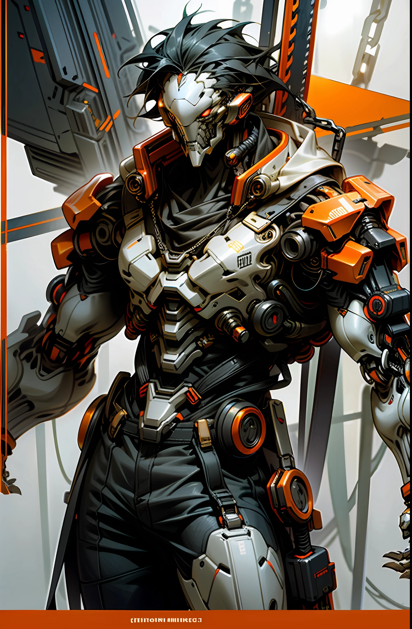 Dark_Fantasy,Cyberpunk,(chain saw,chain saw man,Red:1.1),1man,Mechanical marvel,Robotic presence,Cybernetic guardian, orange color