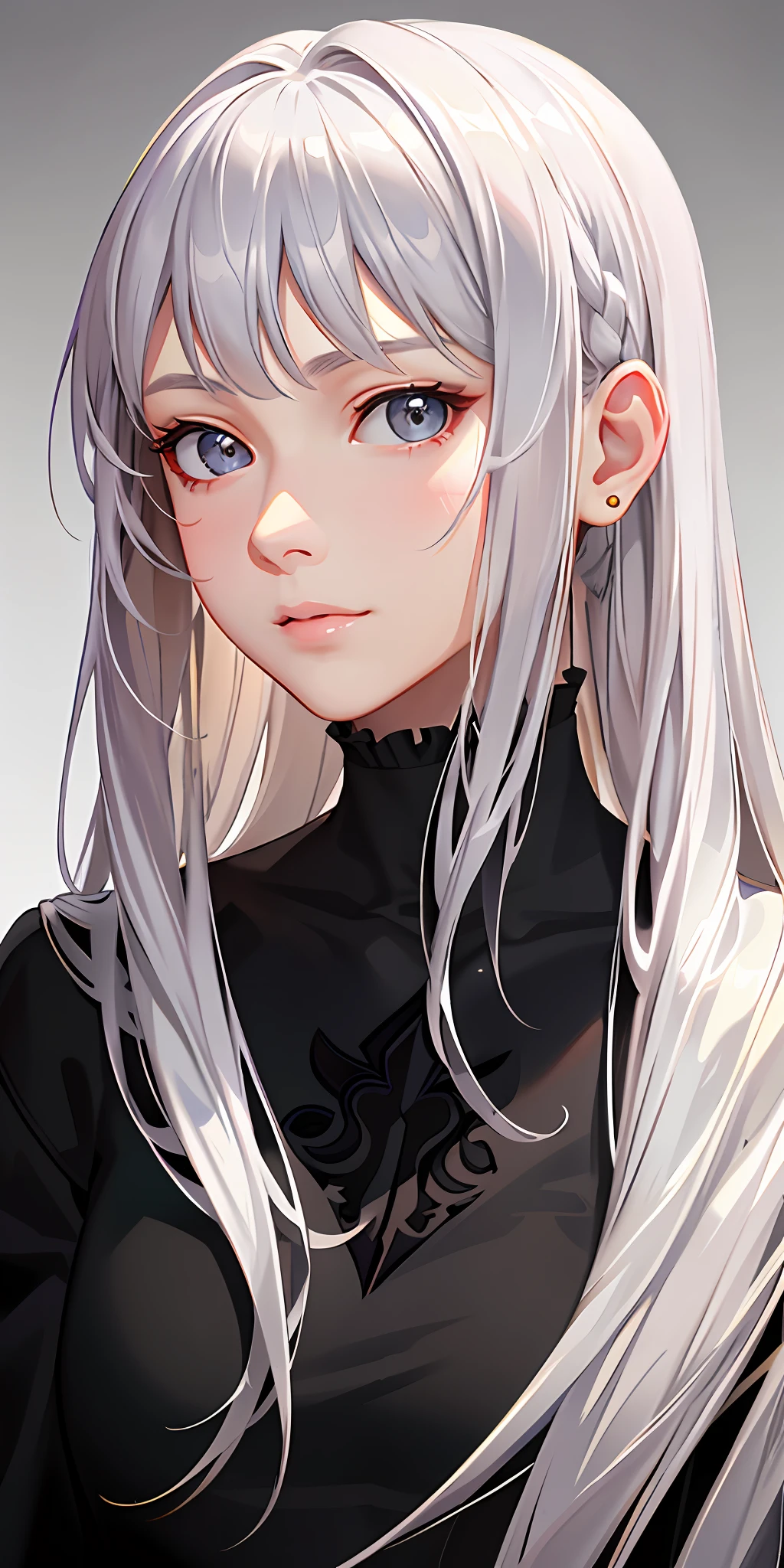 Best Quality, High Quality Texture, Fine Detail, Realistic Face View, Detailed Skin, Anime, Girl, Sexy, Mix, Model, Illustration, Portraits, Semi-Realistic, Long White Hair, Bangs, Gray Eyes