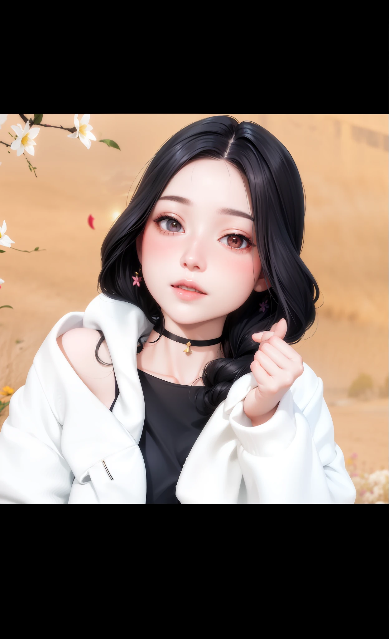 realistic, 1girl, white hair, full body, cropped top, skirt, lips half-open, blush, night, flowers, sun, sunlight, make with the same face as the attached image identical perfect realistic texture equal a real, human person