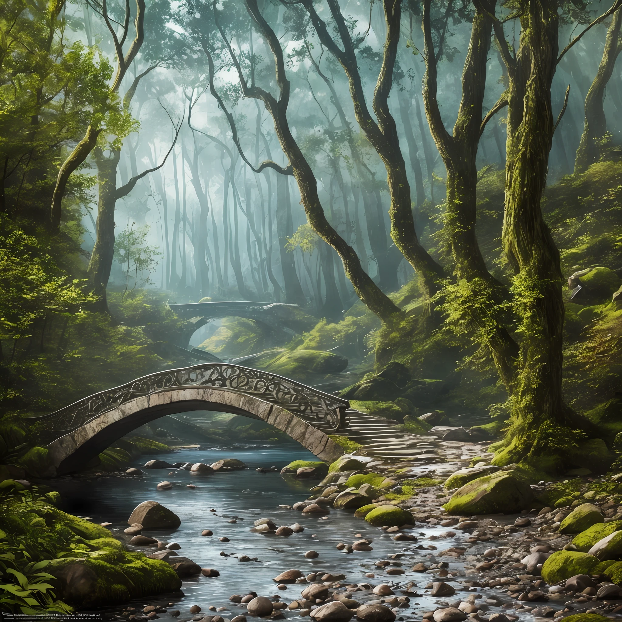 Large-scale, realistic fantasy, ultra-detailed, voluminous, detailed clarity, general view, detailed landscape, computer accuracy, 1: 2, 8kk. In the foreground is a large stone bridge, gray, swamp colors (ultradetailed), under the bridge the shore, steps, cobwebs under the pavement, a large wooden barrel (1: 2), made of wood (ultradetailed), stones, river, dark, gloomy colors, horrors, magic, --auto --s2