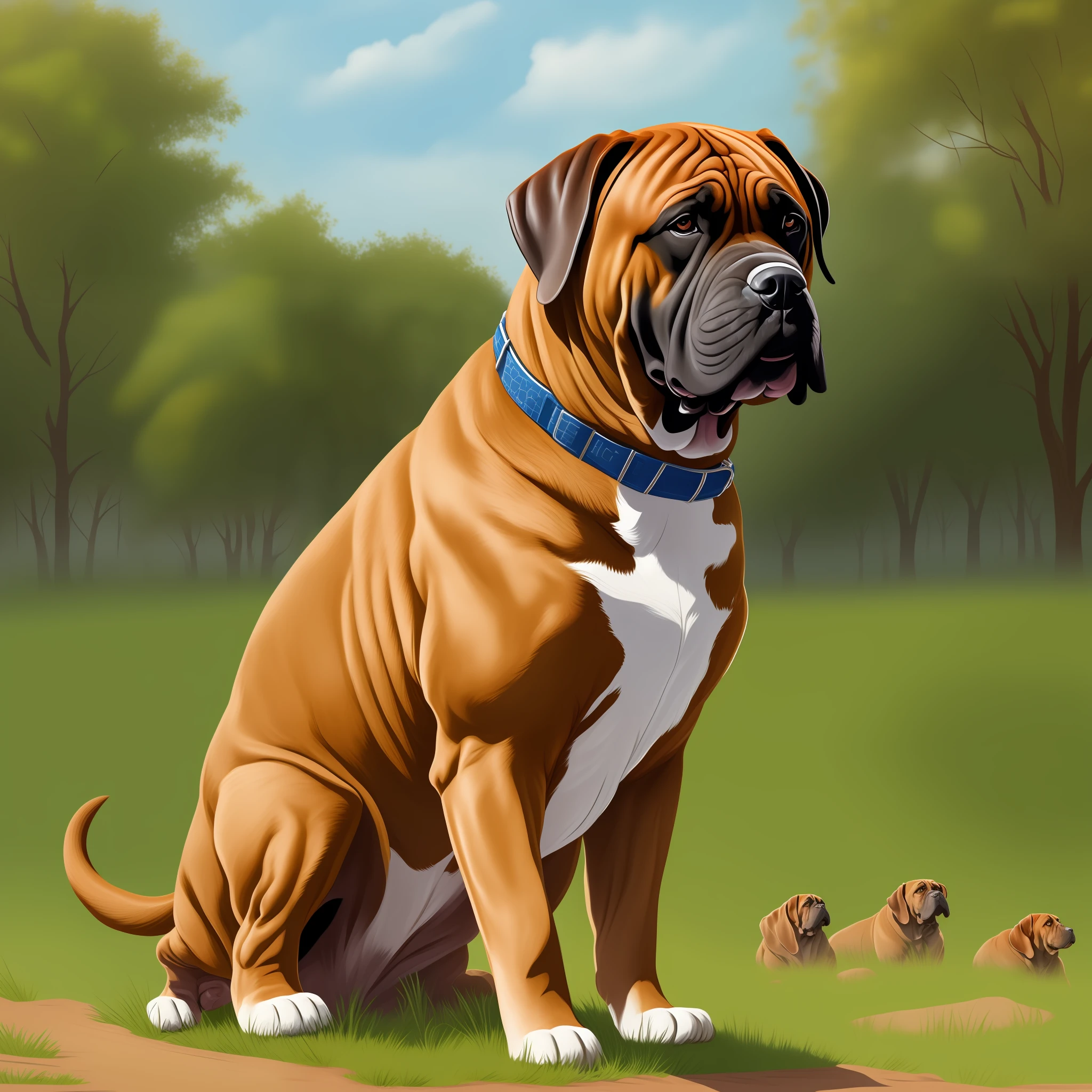 An illustration of a Boerboel standing in a guard position, with muscles tense and teeth out, displaying the vigilance and attention of the breed.