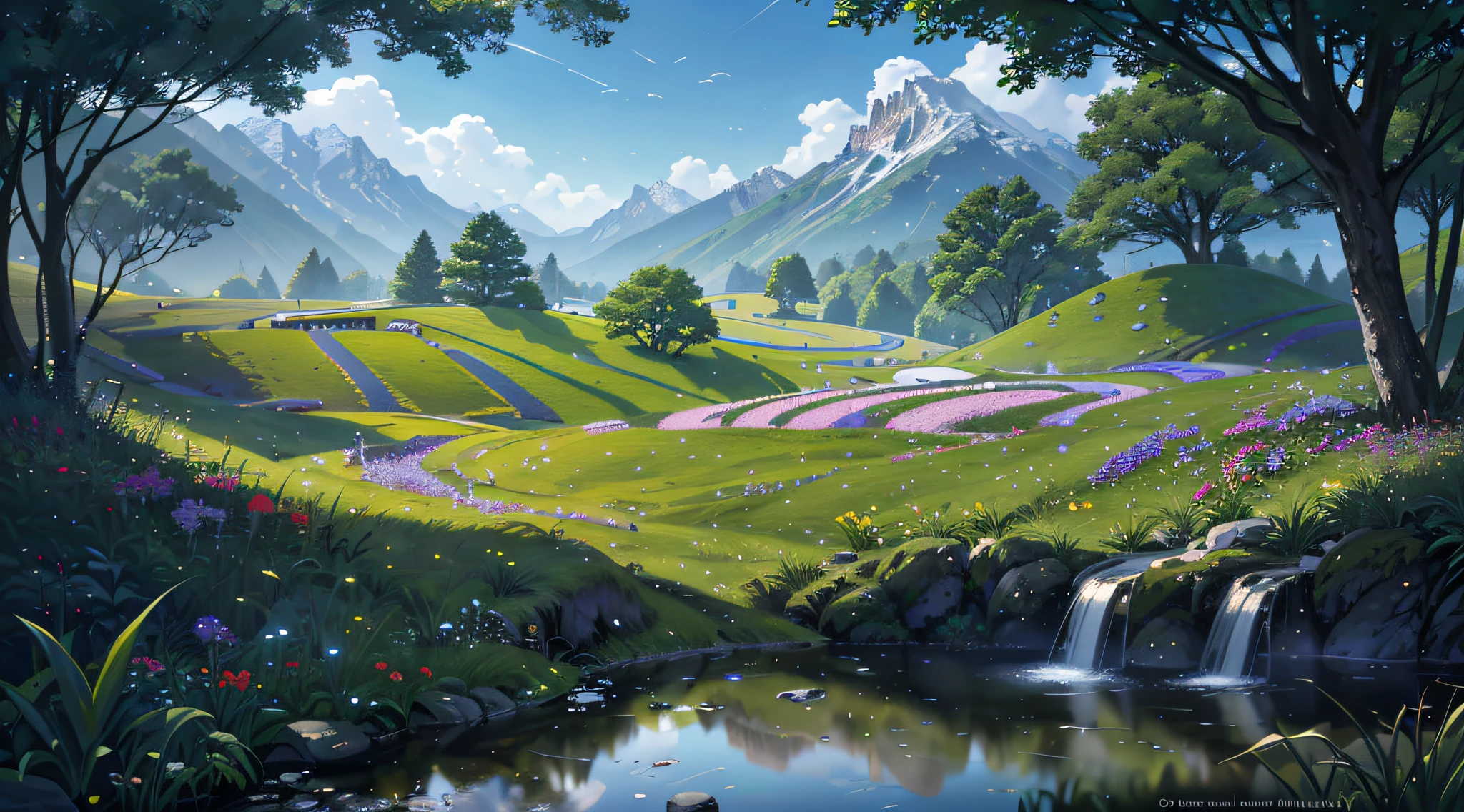 Wallpaper, equinox season, flowers, green fields, small hillsides, small trees, stones, small stream flowing in the middle, middle background sky early morning sun, warm weather, HD detail, wet watermark, hyper detail, cinema, surrealism, soft light, deep field focus bokeh, ray tracing, diffusion (ultrafine glass reflection) and surrealism. --v6