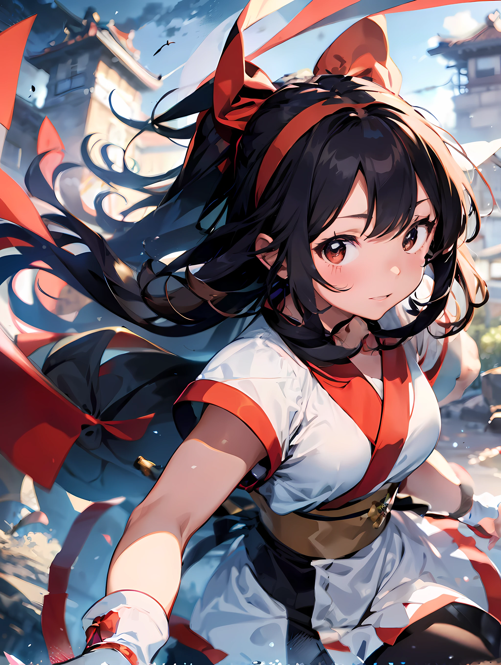 masterpiece, best quality,1girl, solo, nakorurums, red bow, bow, long hair, hair bow, ainu clothes, solo, hairband, black hair, fingerless gloves, short sleeves, gloves, sash, bangs, red hairband, breasts, brown eyes, white pants, japanese clothes, masterpiece, light smile, (illustration: 1.5), running toward viewer