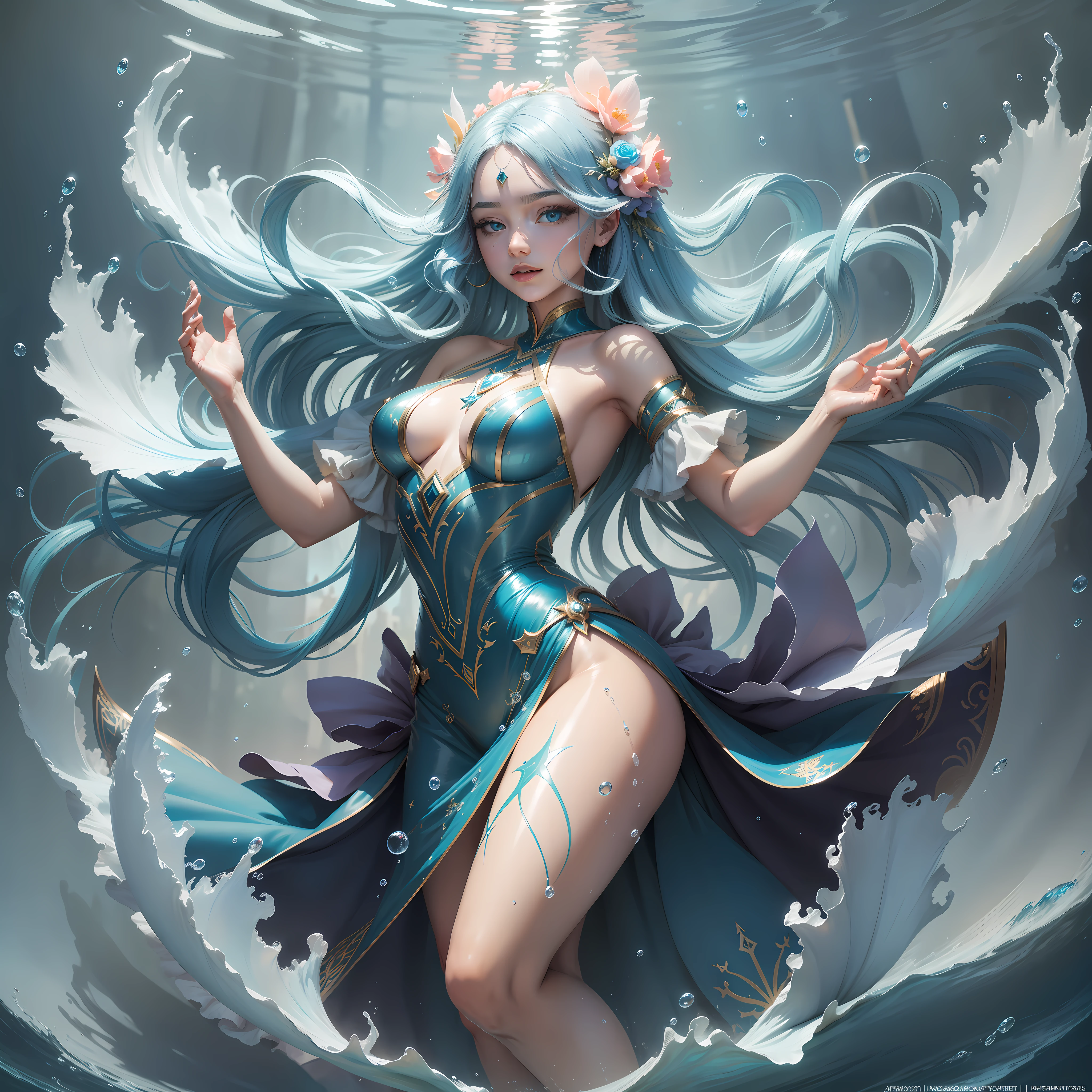 Zoom in Portrait Very beautiful water nymph swimming with dolphins Undine (Masterpiece), Close your eyes and smile, Schools of small fish, watery blue hair, (Masterpiece), fantastic sunlight, bubbles dancing on the water, very beautiful woman, fantasy, beautiful dancing pose, fantastic coral group background, realistic flowers and plants,, constellation-like design Dress, in water Shining blue hair, cinematic light, beautiful woman, beautiful eyes, long hair, perfect anatomy, very pretty, princess eyes, fantastic, stylised animation, bioluminescent, life size, 32K resolution, human hands, mysterious shape, graceful, almost perfect, dynamic angles, highly detailed, figure sheet, concept Art, smooth, symmetrical, balanced placement, fashion pose, 20s beauty, great hair, overhead space