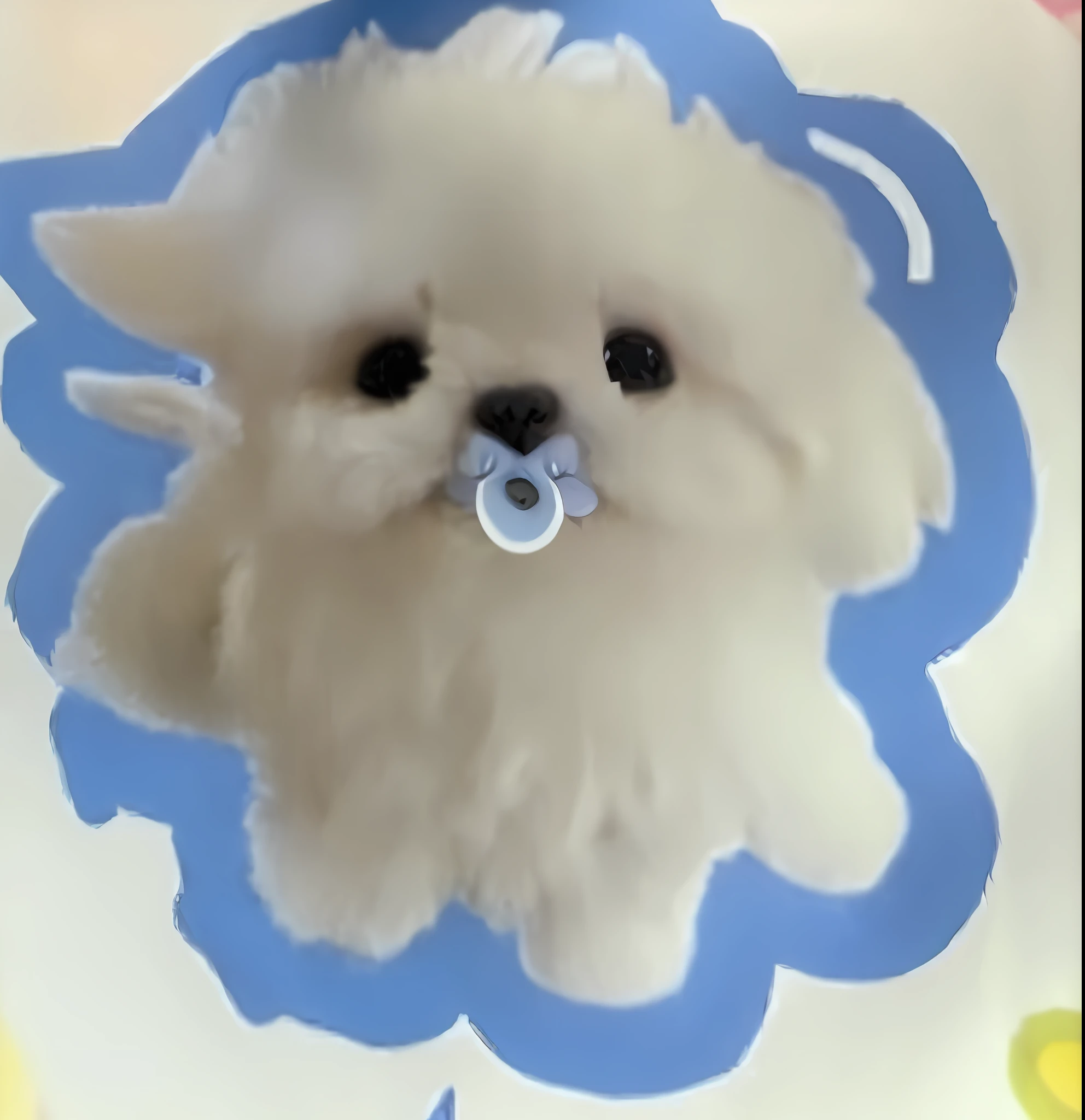 a close up of a small white dog with a pacifier in its mouth, kawaii cute dog, blue'snappy gifts'plush doll, tiny cute nose, cute dog, very cute features, puffy cute clouds, stuffed toy, crazy detail, morphing dog head, very detail, super adorable, closeup of an adorable, cute toy, fuzzy ghost