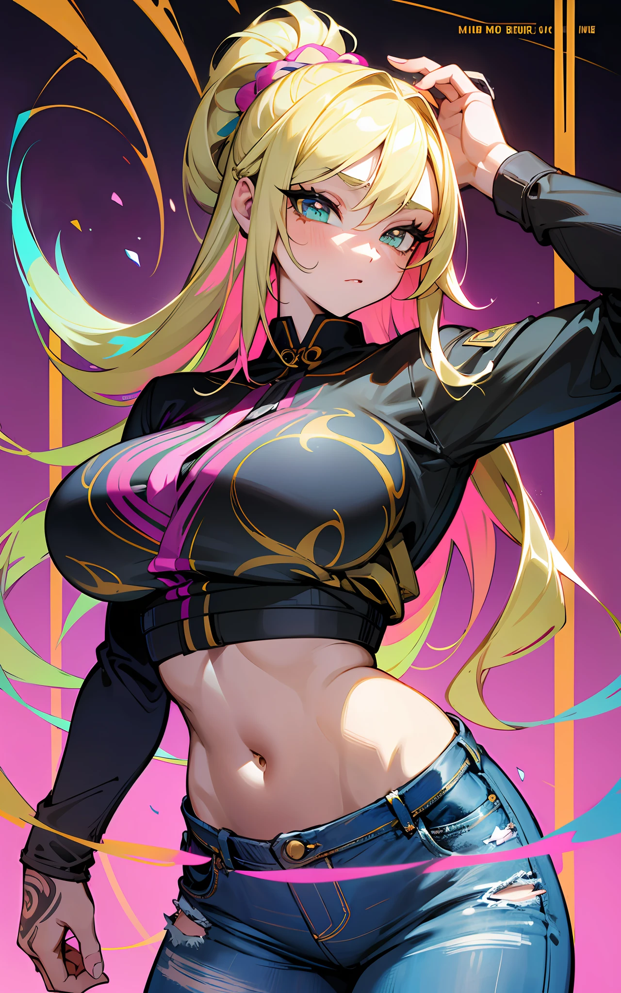 background, mixed-language_text, Japanese letters in graffit, ashley alexiss beautiful woman, long blonde hair, excellent lighting, sidelighting, perfect ultimate (flat color pink bubblegum gradient: 1.3), (magazine_cover: 1.4), (multicolored_background: 1.3), striped_background, card_background, :: discs with sharp and shiny blades in hand :: circular pieces of white metals glued to the ultra detailed arms coming out sparkling glow,  black star design stamped in the middle of the shirt, perfect and detailed sculptural body, ultra detailed shirt with abstract design and with Japanese letter print in grafit of the sides of the clothing, worn jeans, big ??????, with immersive effects, hover effect, background graffiti style tribal tattoo with flowers and vibrant colors, "ultra" hdr detailed and with focus effect,  (masterpiece: 1.2, best quality), (beautiful emerald yellow eyes with huge finely detailed eyelashes: 1.2), , ((Solo)), (Finely detailed eyes and detailed face:1.3),