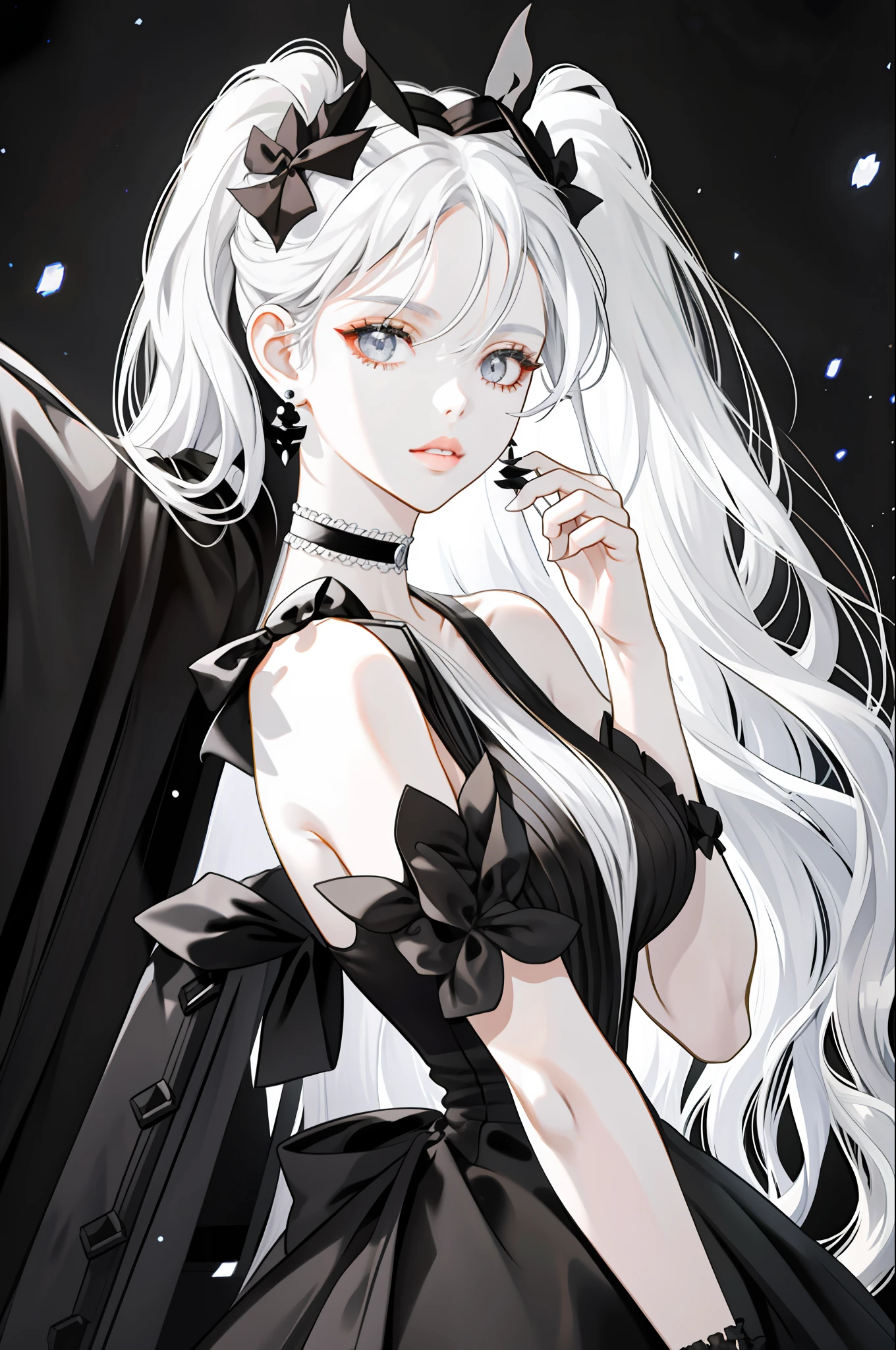 a girl with long white hair and gray eyes, bangs, hair with two black bows on her head (one on each side), a hand on her lips (fingers touch her lips), dressed in a tight black dress (sleeveless), a black choker, white pearl earrings, black gloves halfway up the arm,