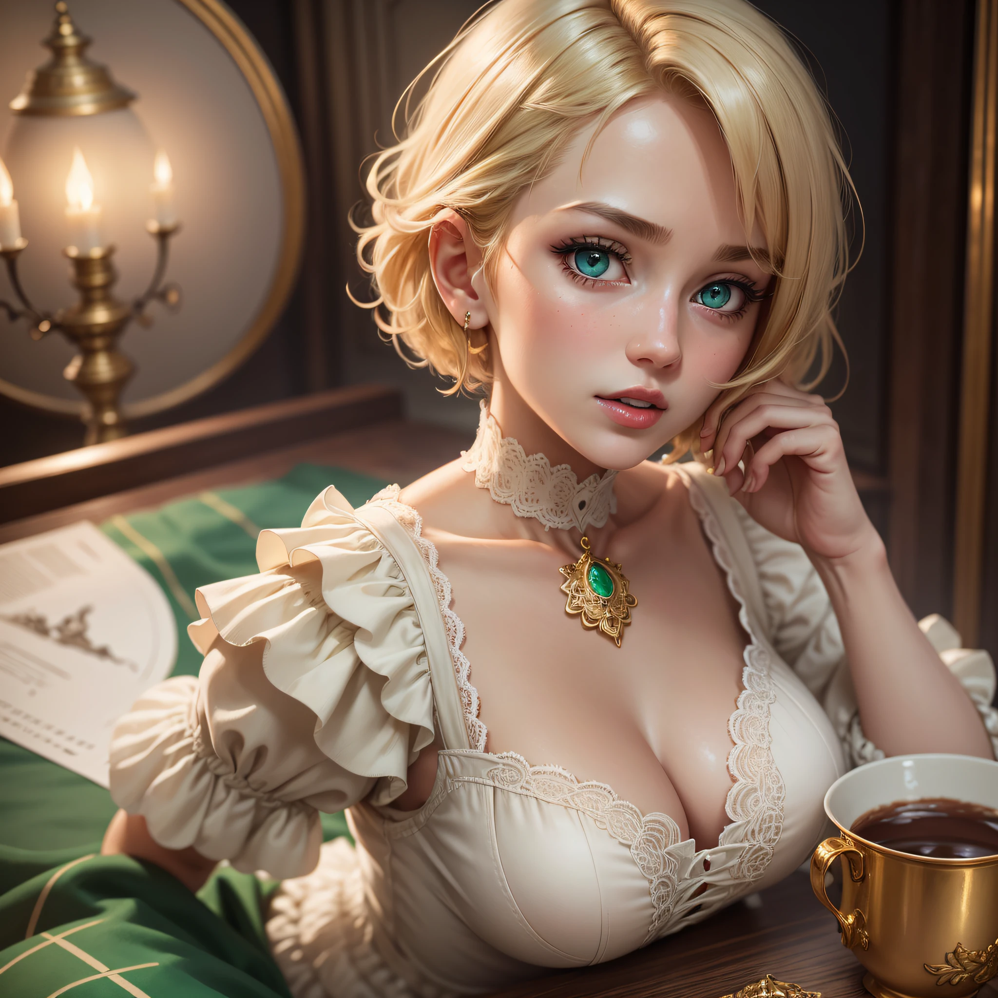 (hyper-realistic), (illustration), (high resolution), (8K), (extremely detailed), (best illustration), (beautiful detailed eyes), (best quality), (ultra-detailed), (masterpiece), (wallpaper), (detailed face) 1 girl, short blonde hair on the shoulder, a bangs, slightly defined abdomen, sexy, in high detail, natural red lips, emerald green eyes, long eyelashes, flushed cheeks, medium breasts, highly detailed, cream-colored dress, short,  lace, with ruffles, shoulder-slumped sleeves, boots, high rendering --auto --s2