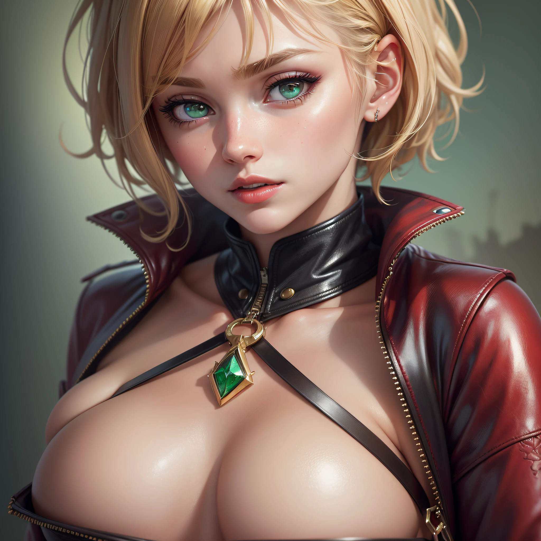 (hyper-realistic), (illustration), (high resolution), (8K), (extremely detailed), (best illustration), (beautiful detailed eyes), (best quality), (ultra-detailed), (masterpiece), (wallpaper), (detailed face) 1 girl, short blonde hair on the shoulder, a fringe, slightly defined abdomen, sexy, in high detail, natural red lip, emerald green eyes, long eyelashes, flushed cheeks, medium breasts, highly detailed, red dress, short, thin straps,  neckline, black leather jacket, boots, high rendering --auto --s2