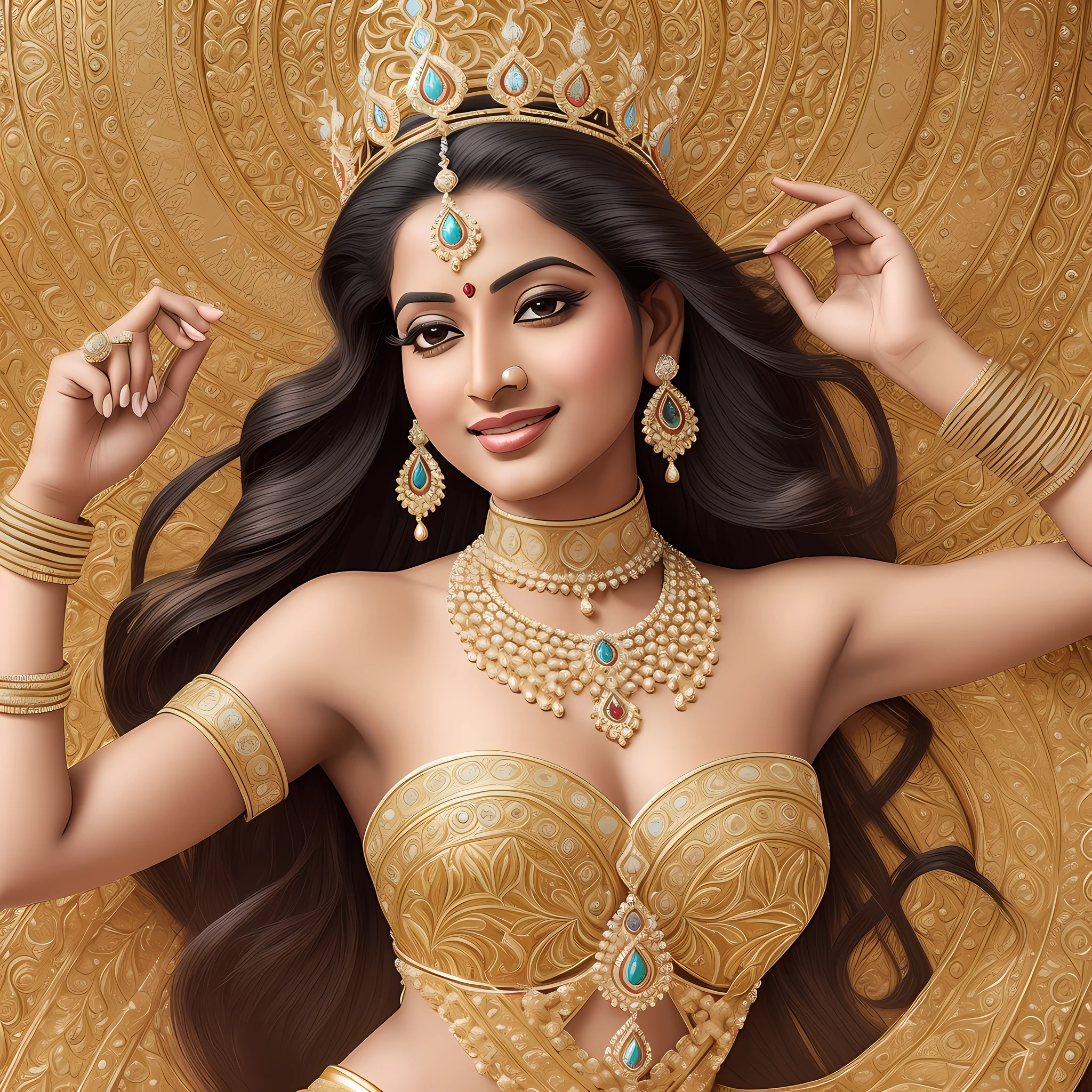 masterpiece, best quality, highly detailed defined  on body, Queen Sri Kestra of Beikthano is a vision of elegance and majesty. Her striking features are framed by cascading ebony hair that falls in loose waves, adorned with delicate gold ornaments that shimmer in the sunlight. Her almond-shaped eyes, the color of warm amber, exude wisdom and depth, sparkling with a hint of mischief. Queen Sri Kestra's regal attire befits her esteemed position. She dons a resplendent royal gown woven with intricate patterns and adorned with ornate embroidery. The fabric, a rich tapestry of vibrant hues, reflects the cultural heritage of her kingdom. The gown's flowing silhouette gracefully drapes around her, emphasizing her graceful movements and commanding presence. Her royal adornments are exquisite and symbolic. A crown of gold and precious gemstones sits atop her head, representing her sovereignty and authority. Each jewel glistens with a brilliance that rivals the stars, catching the eye of all who behold her. Intricate jewelry adorns her neck, wrists, and fingers, a testament to her status and the opulence of her kingdom. Queen Sri Kestra's countenance radiates serenity and grace. Her smile is warm and inviting, a reflection of her compassionate nature. As she walks, her posture is regal and confident, emanating strength and dignity. Her voice carries a melodic timbre, commanding attention and captivating listeners with its soft yet authoritative tone. --auto --s2
